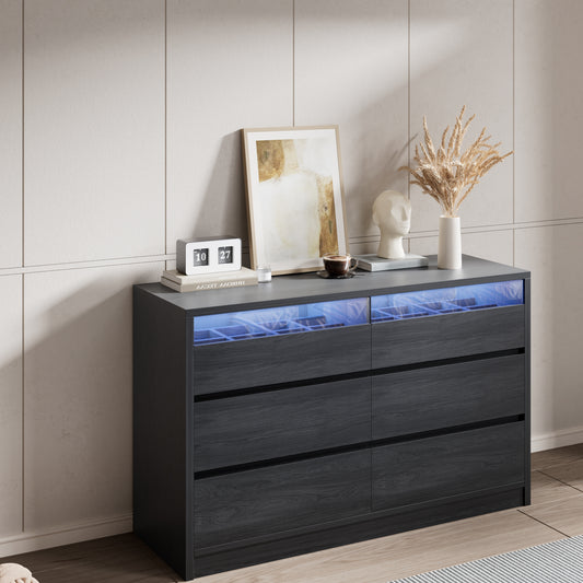Anyact Modern 6 Drawer Double Dresser with LED Light, Black