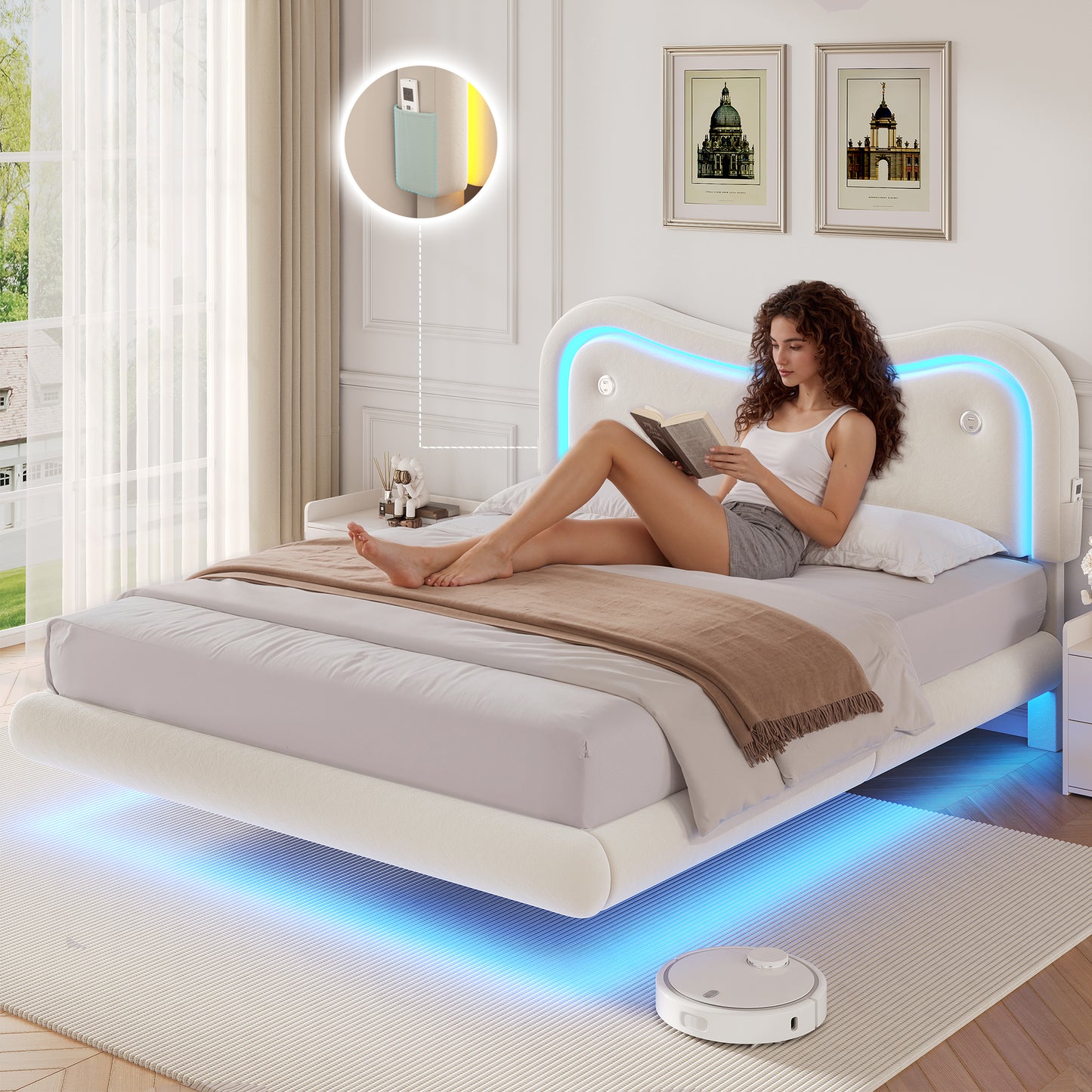 Anyact Full Size Floating Bed Frame with Led & Charging Station, Velvet Upholstered Bed Frame with Floating Metal Platform Bed, White