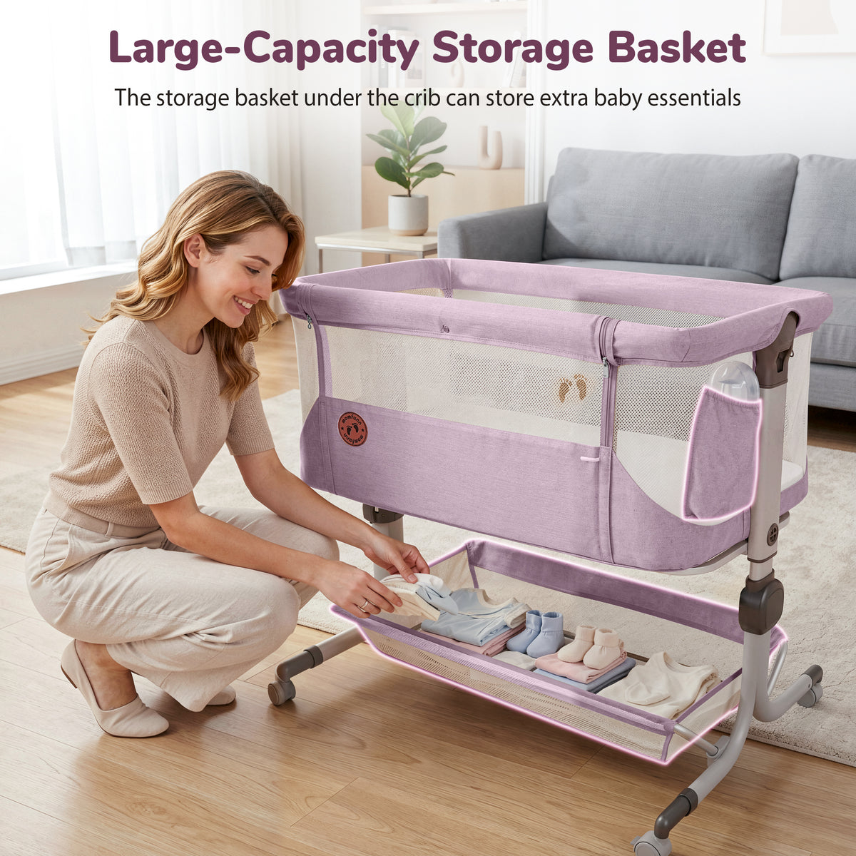 Vipuse 3-in-1 Baby Bassinet Bedside Sleeper, 6 Height Adjustments, Full Mesh Breathable, Portable Newborn Baby Crib with Storage Basket, Pinkish Purple