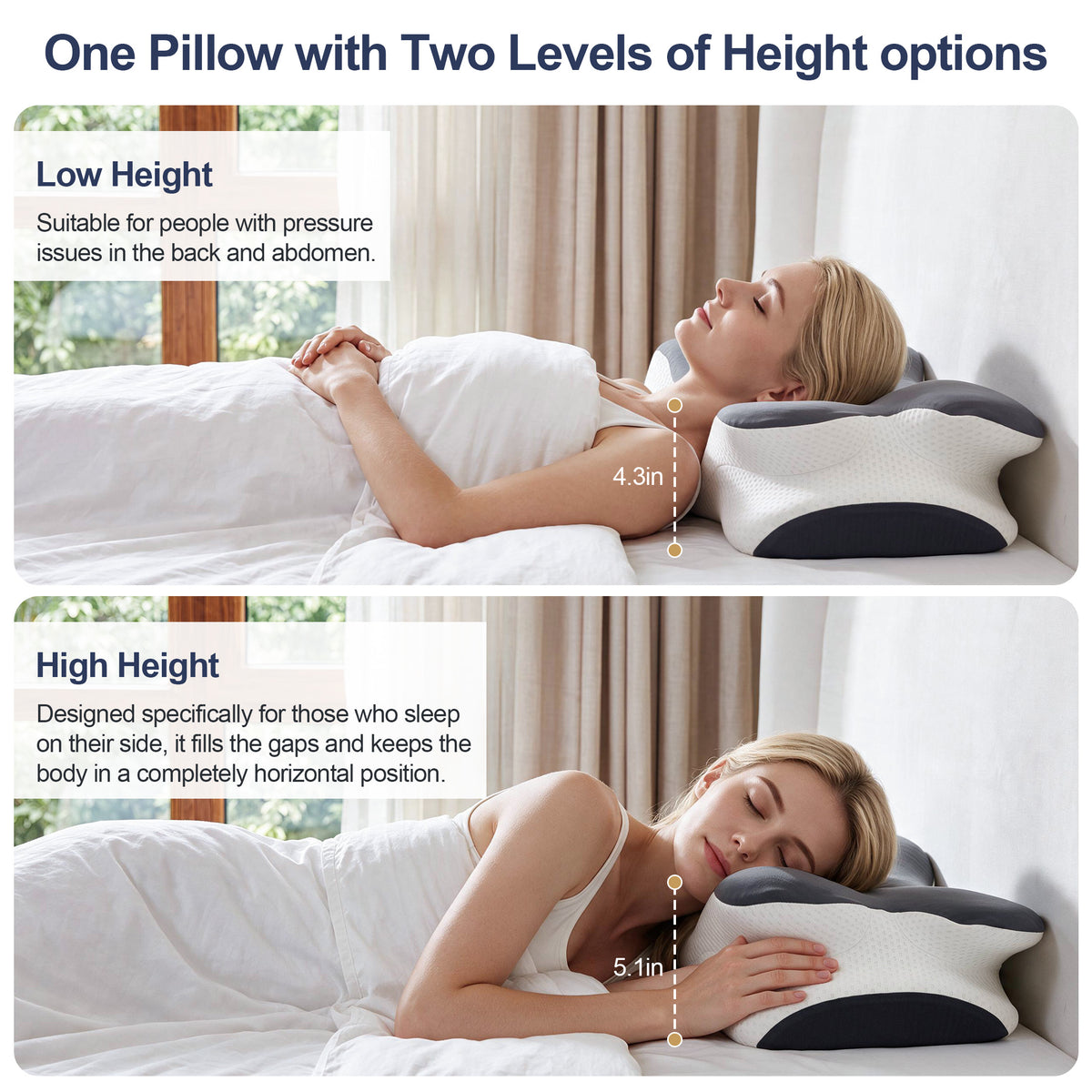 Vipuse Memory Foam Ergonomic Cervical Neck Support Bed Pillows for Side Back Stomach Sleeper Sleeping