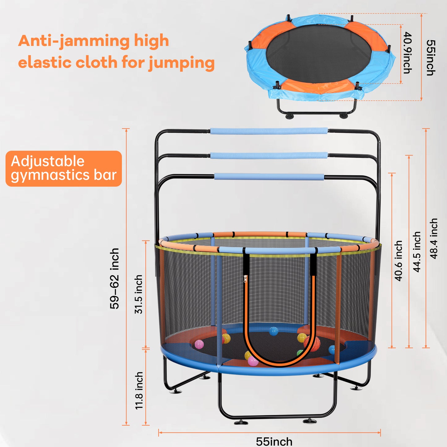 Vipuse 55" Indoor Outdoor Mini Round Trampoline for Kids with Enclosure Net and Basketball Hoop
