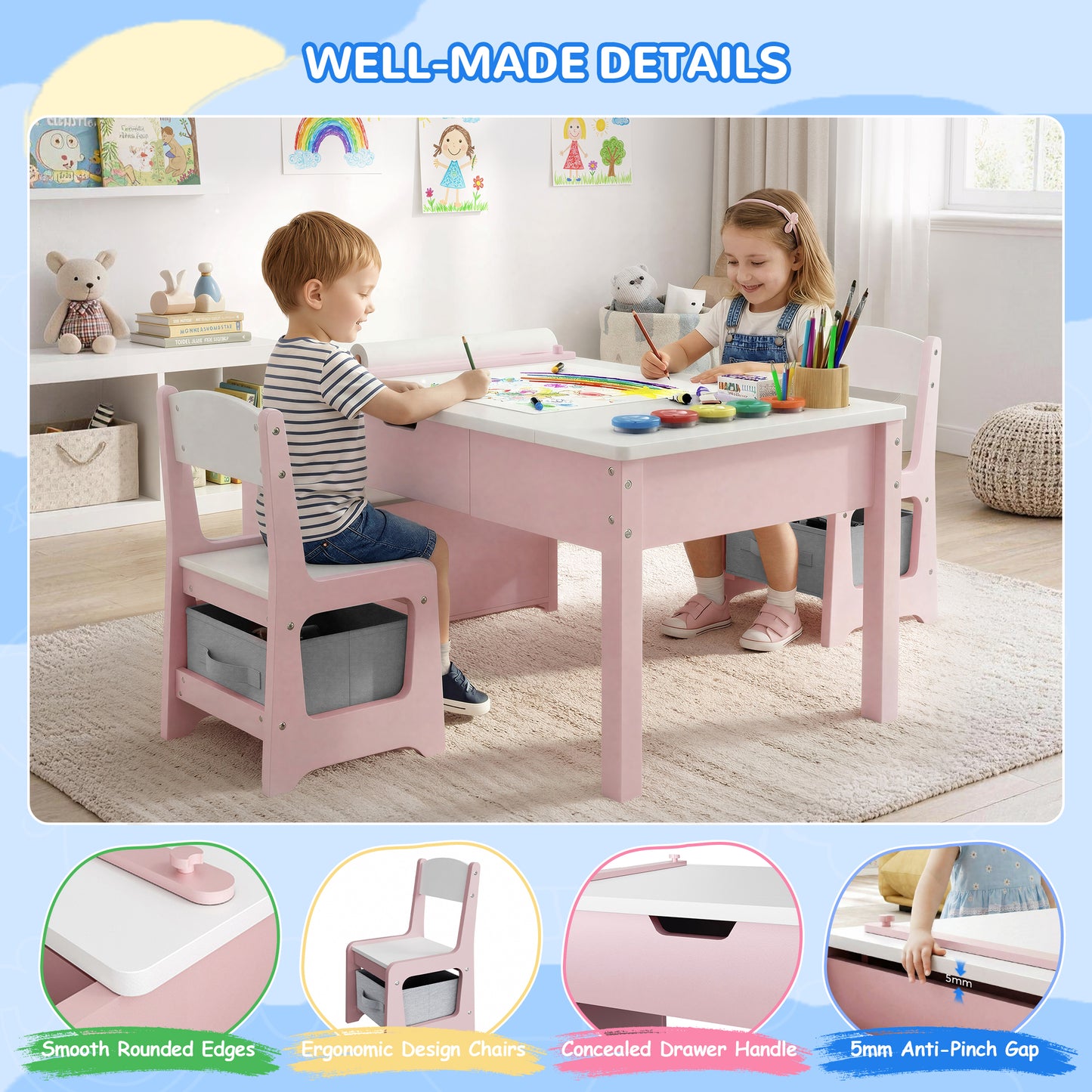 Hijob 5-in-1 Kids Art Table & Chair Set – Convertible Easel with Paper Roll Holder, Storage Drawers & Foldable Craft Desk, Toddler Activity Learning Center for Playroom, Pink