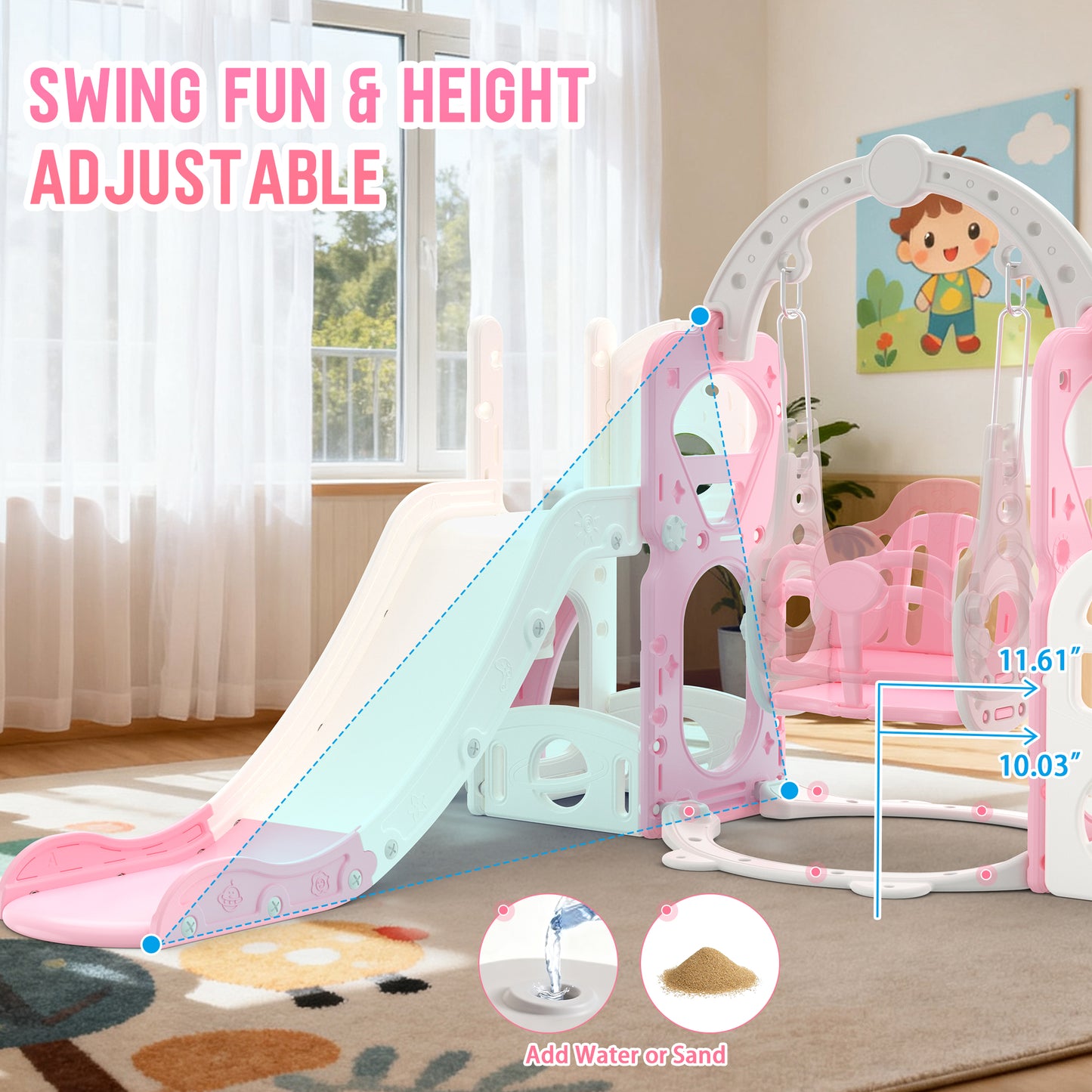 Vipuse 6 in 1 Kid Slide, Indoor and Outdoor Toddler Playground for Girls Age 1-3,Pink