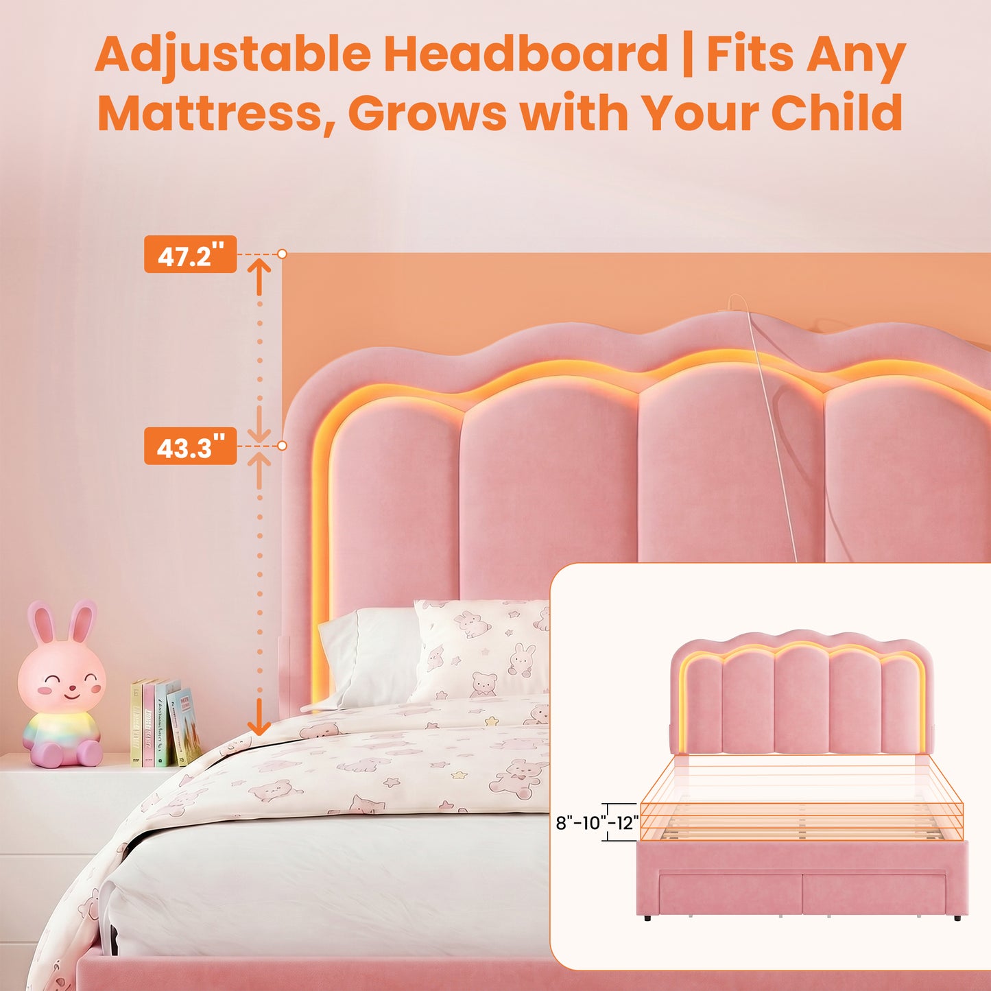 Hijob Full Size LED Bed Frame with Storage Drawers, Velvet Upholstered Platform Bed with Adjustable Headboard, No Box Spring Needed, Pink