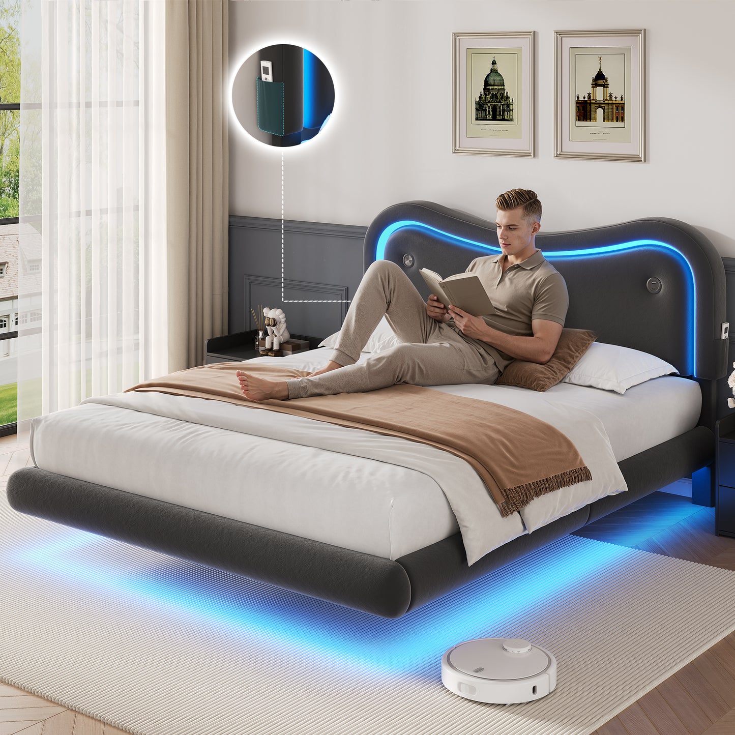 Anyact Full Size Floating Bed Frame with Led & Charging Station, Velvet Upholstered Bed Frame with Floating Metal Platform Bed, Black