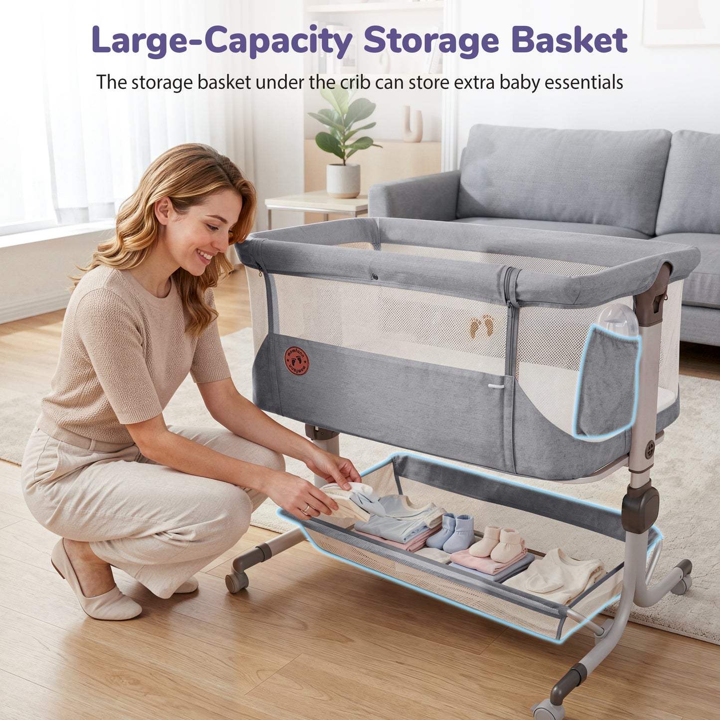 Minikid 3-in-1 Baby Bassinet Bedside Sleeper, 6 Height Adjustments, Full Mesh Breathable, Portable Newborn Baby Crib with Storage Basket,Dark Gray