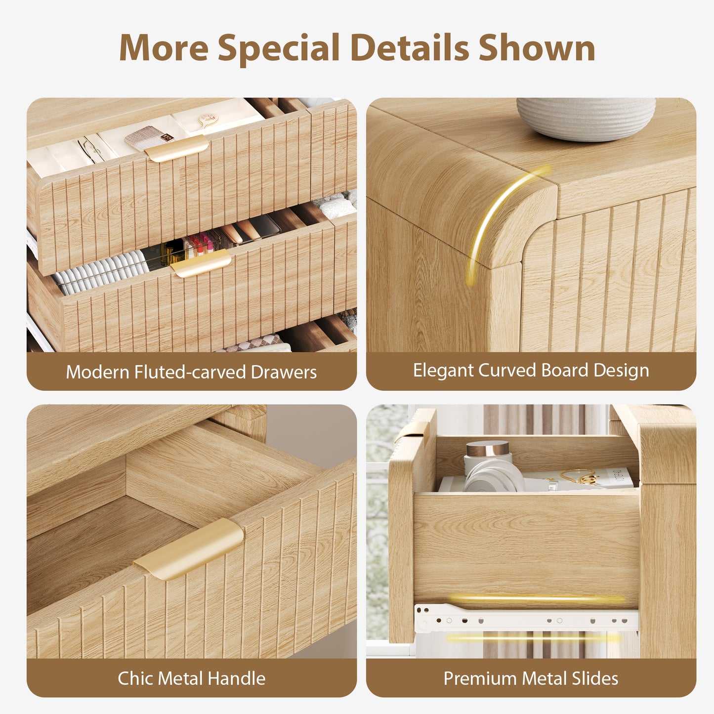 Hijob Modern 6 Drawers Dresser for Bedroom, 47.3" Long Dressers with Metal Handle w/Curved Profile Design, Wood Mid Century Vertical Dresser w/Natural Texture for Bedroom, Living Room, Natural Oak
