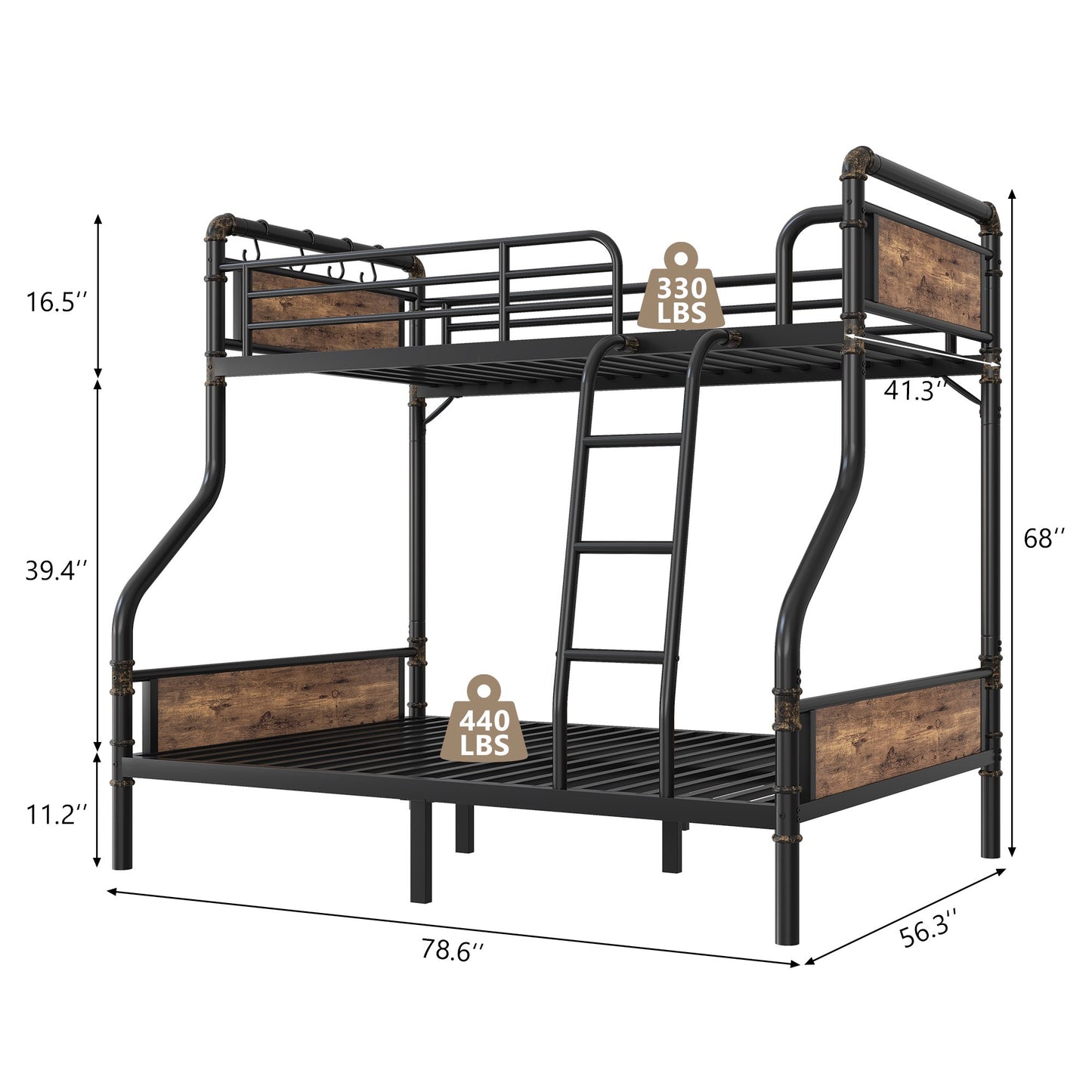 Hijob Twin over Full Bunk Bed, Antique Heavy Duty Metal Bed Frame with Storage Bag&Hooks for Adults Teens, Convertible into 2 Seperate Beds, Black&Brown