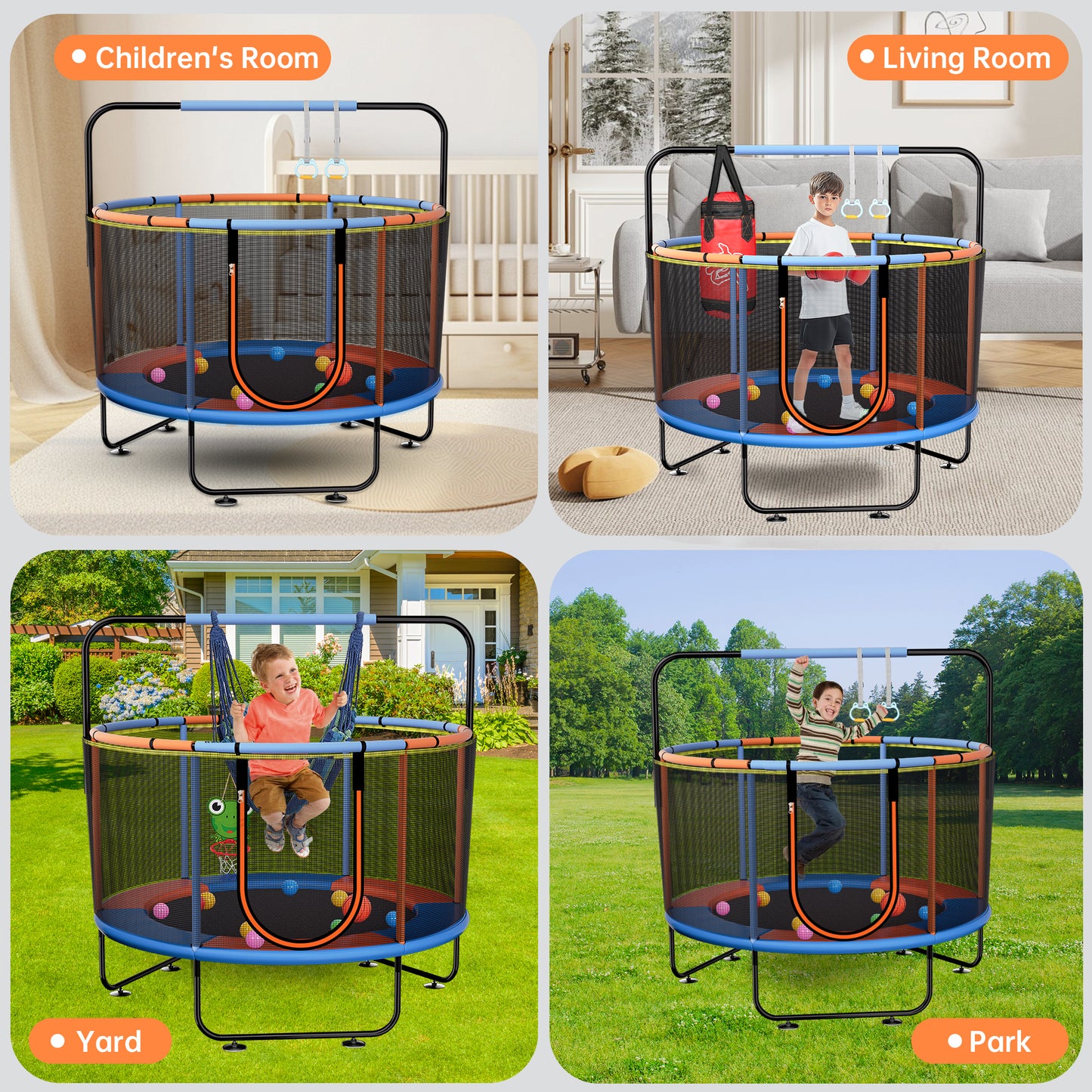 Vipuse 55" Indoor Outdoor Mini Round Trampoline for Kids with Enclosure Net and Basketball Hoop