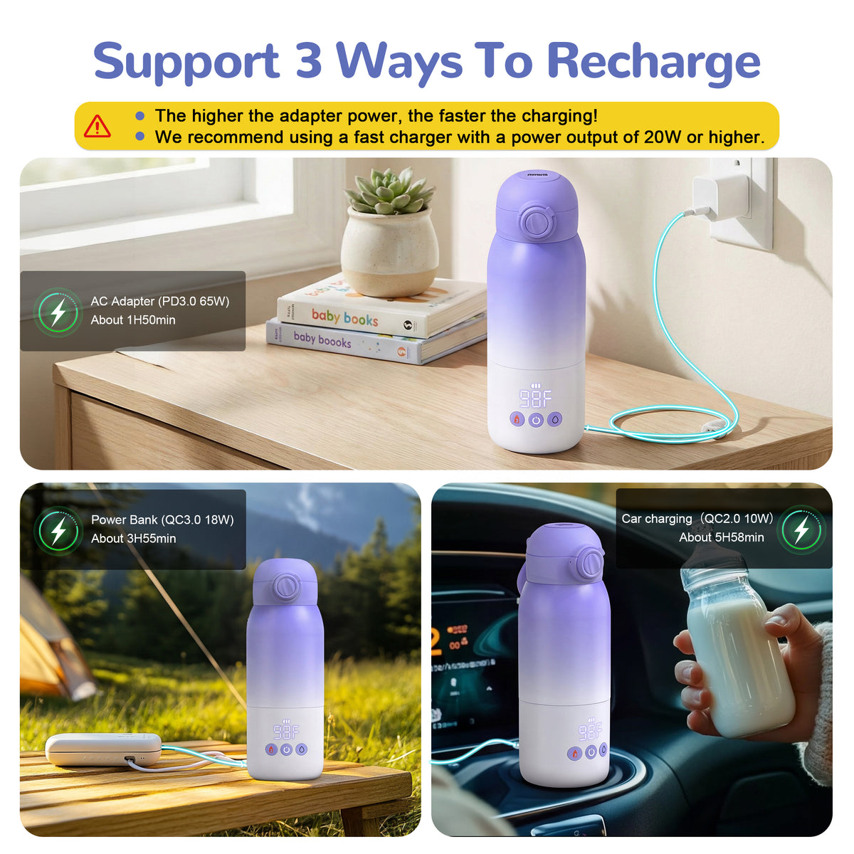 Vipuse Upgraded Bottle Warmer for Baby , Dual Heating Modes for Breast Milk and Water, 12 OZ Portable Milk Warmer, Purple