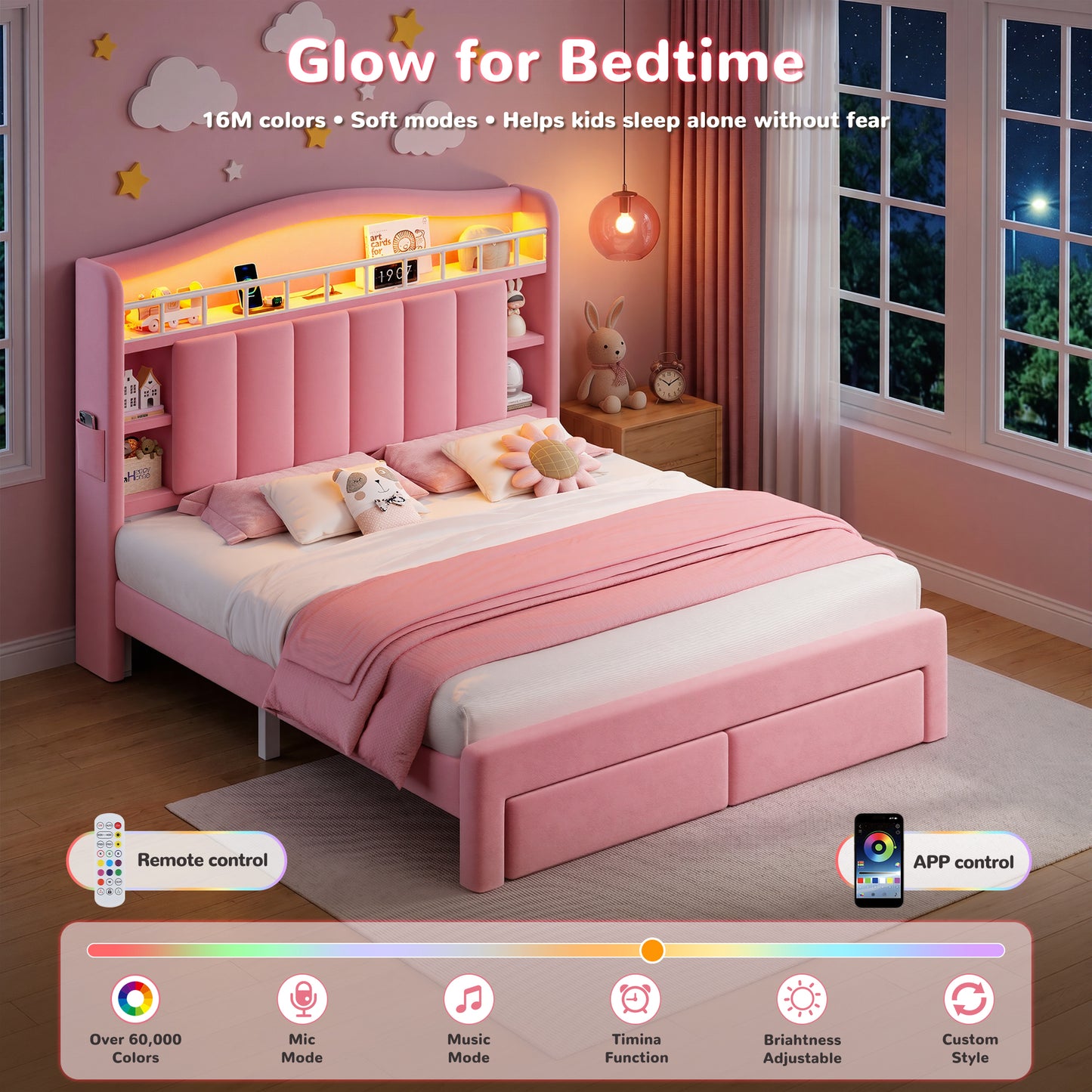Hijob Pink Velvet Upholstered Platform Full Size LED Bed Frame with Drawer Adjustable Lighted Headboard for Girls Kid's Bedroom, Pink