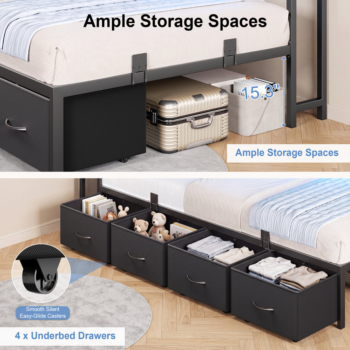 HiJob Twin Corner Bed Frame with 4 Large Underbed Drawers, Bookshelf, RGB LED Lights and Charging Station, L-Shaped Metal Twin Daybed for Bedroom, Apartment, Black