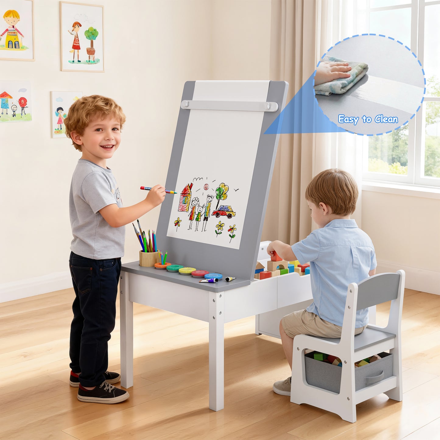 Hijob 5-in-1 Kids Art Table & Chair Set – Convertible Easel with Paper Roll Holder, Storage Drawers & Foldable Craft Desk, Toddler Activity Learning Center for Playroom, Gray