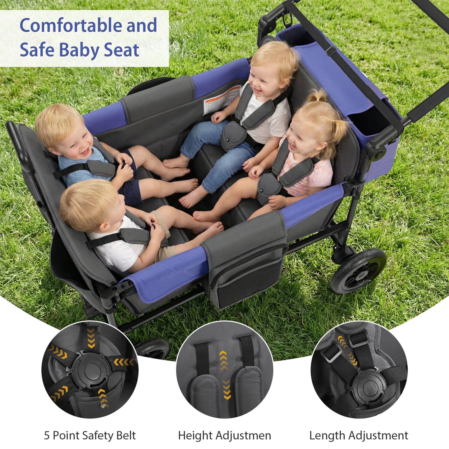 Minikid 4 Seater Wagon Stroller with Canopy,5-Point Harness,Adjustable Handlebars for Baby Toddlers,Gray