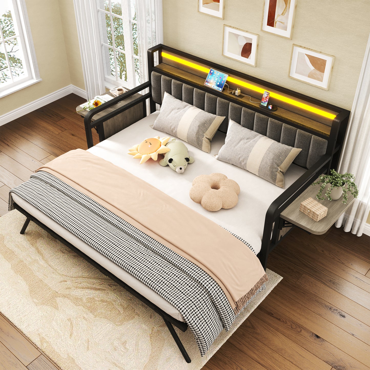 Hijob Twin to King Daybed with Side Table, Heavy Duty Metal Bed Frame with Pop Up Trundle, LED Lights Charging Station Upholstered Storage Headboard, Twin Sofa Bed for Living Room Guest Room, Gray