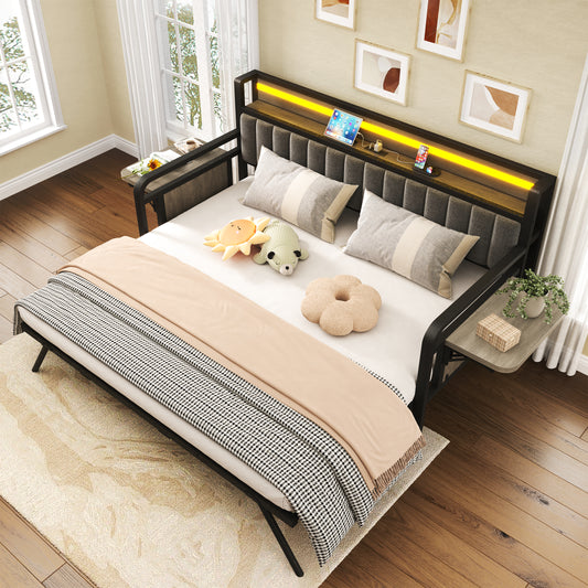 Hijob Twin to King Daybed with Side Table, Heavy Duty Metal Bed Frame with Pop Up Trundle, LED Lights Charging Station Upholstered Storage Headboard, Twin Sofa Bed for Living Room Guest Room, Gray
