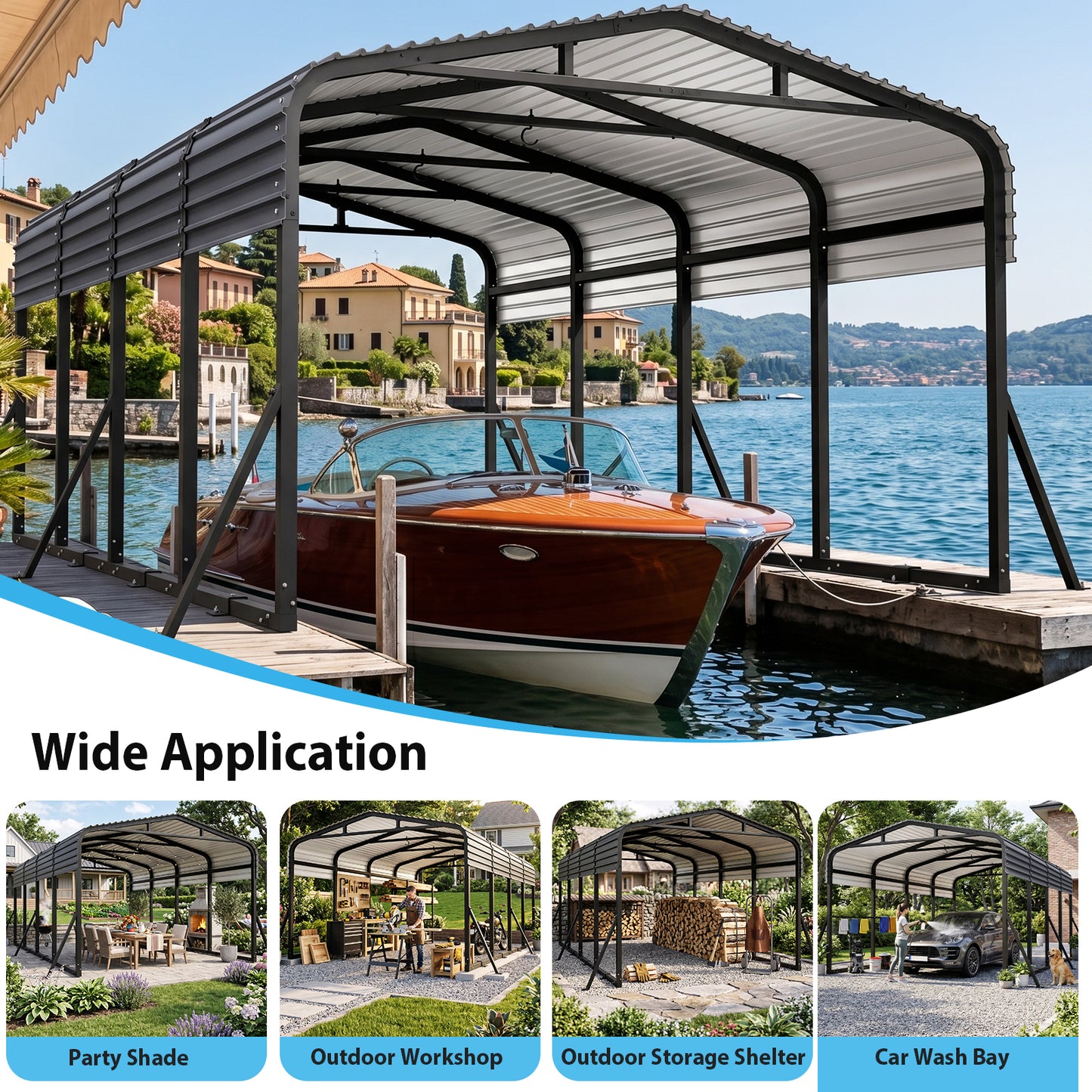 Cocosity 12x20 FT Metal Carport with Galvanized Steel Roof, Heavy Duty Outdoor Hardtop Car Shelter with Reinforced Ground Anchors for Cars, Boats, Tractors and Trailers Black