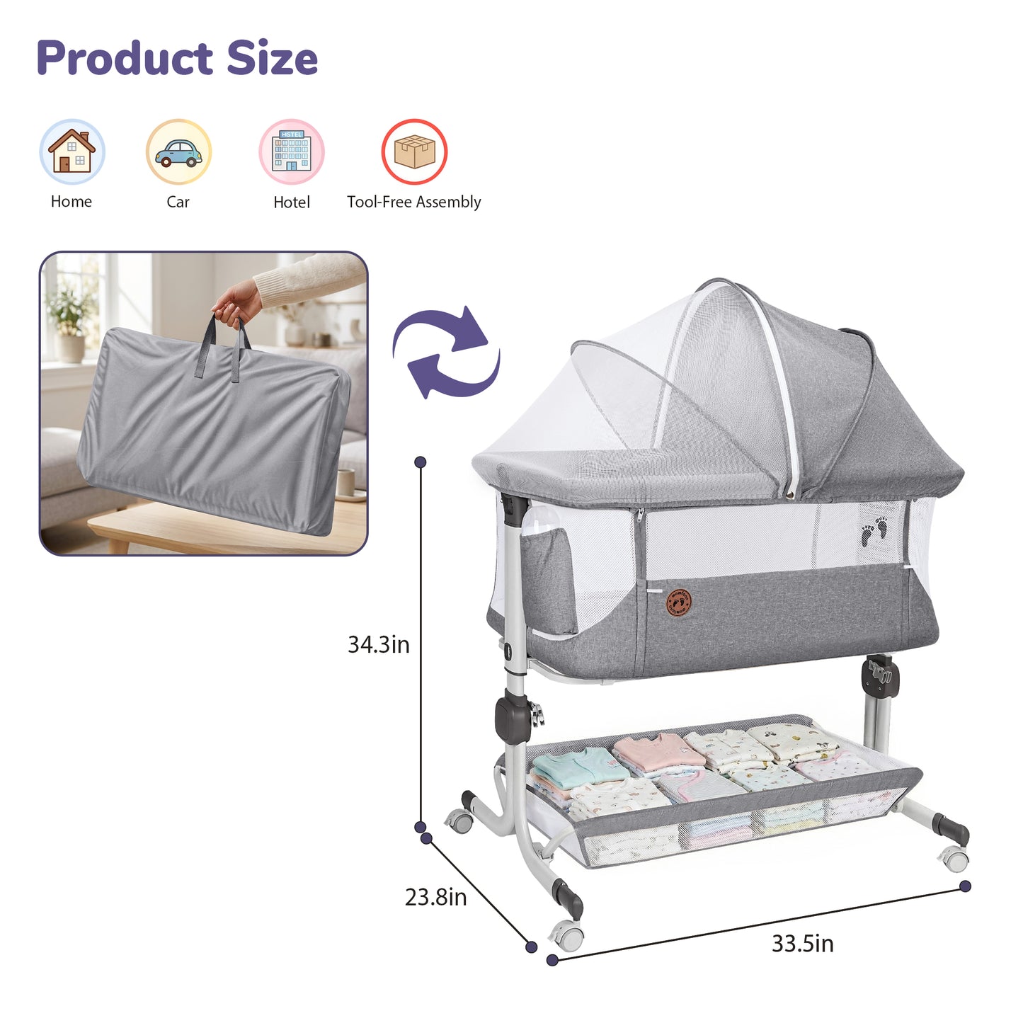 Minikid 3-in-1 Baby Bassinet Bedside Sleeper, 6 Height Adjustments, Full Mesh Breathable, Portable Newborn Baby Crib with Storage Basket,Dark Gray