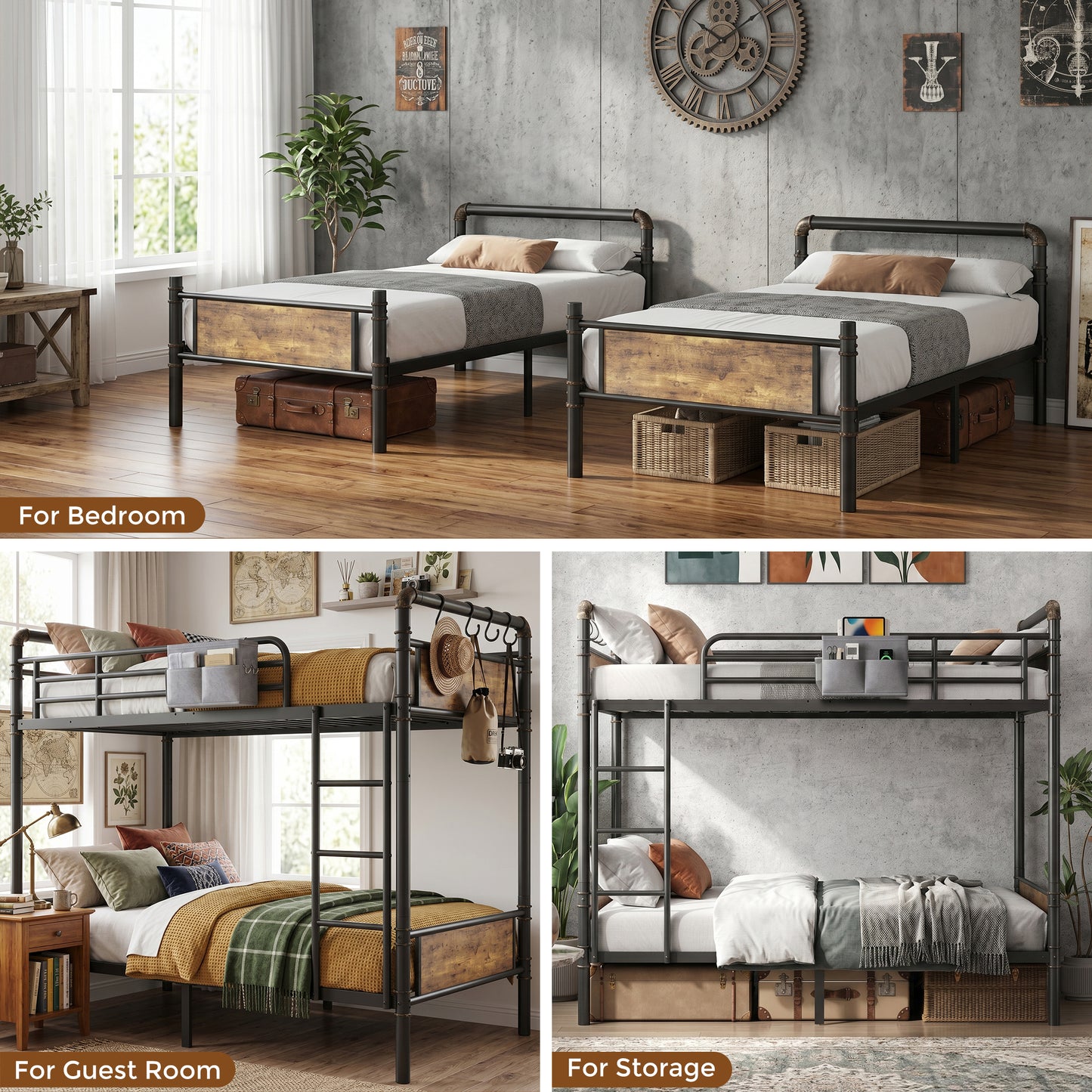Hijob Twin over Twin Bunk Bed(Convertible into 2 Seperate Beds),Antique Heavy Duty Metal Bed Frame with Storage Bag&Hooks for Adults Teens,Black&Brown