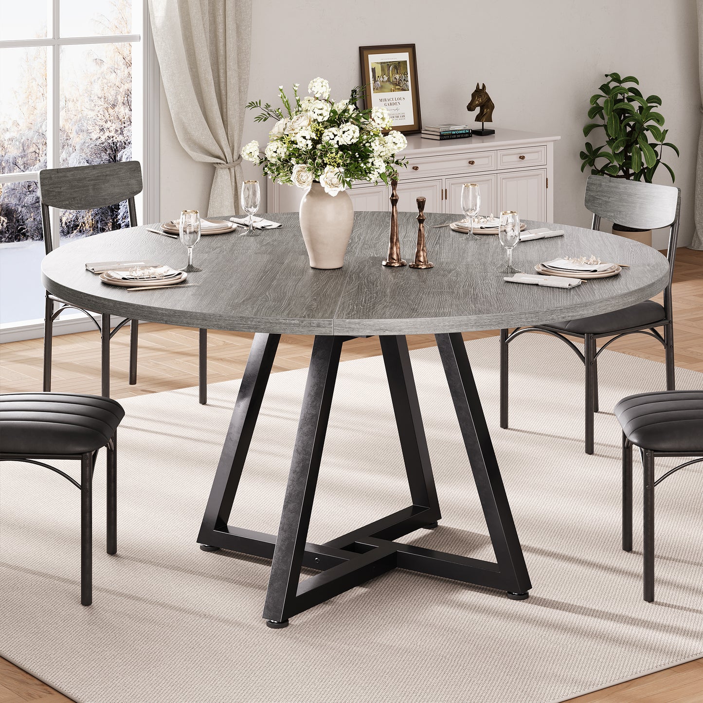 Hijob 47in Round Dining Table for 4, Kitchen Dining Room Circle Dinner Pedestal Table,Kitcen Table Sturdy Wood Kitchen & Dining Room Furniture, Gray(Only Table)