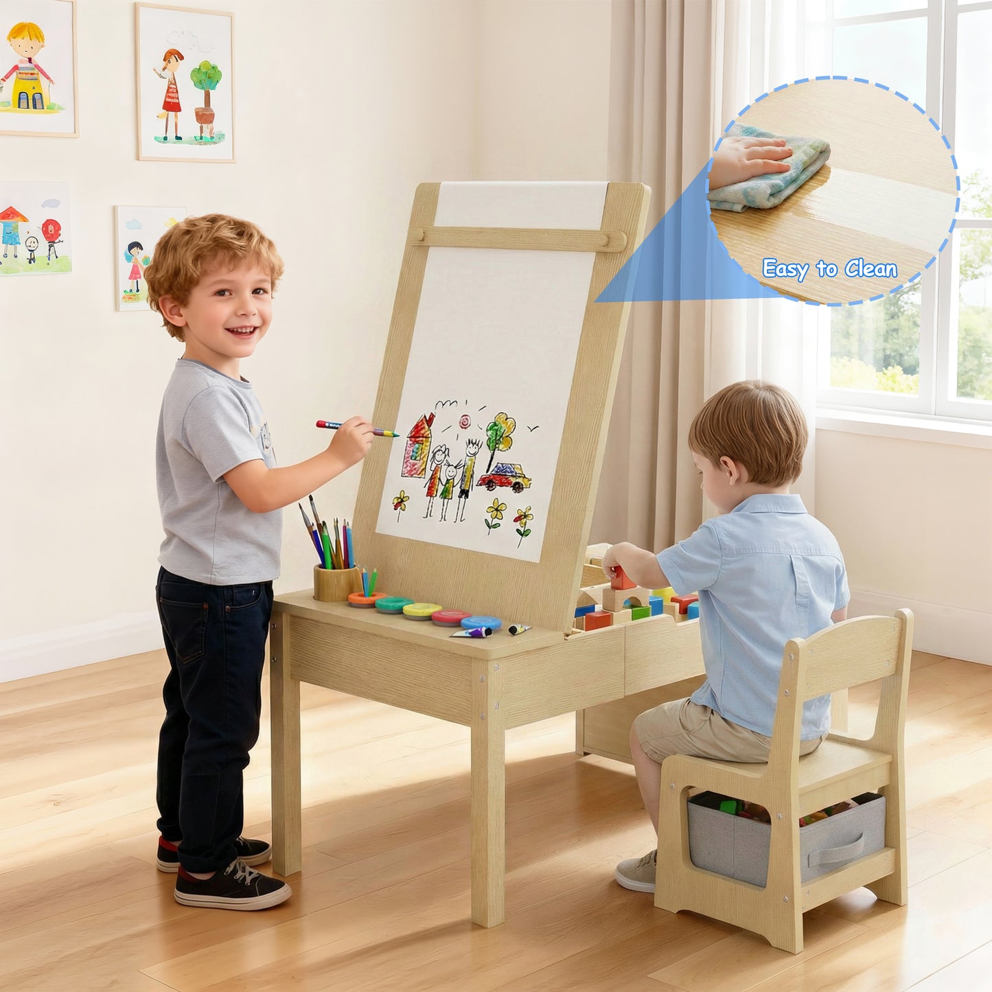 Hijob 5-in-1 Kids Art Table & Chair Set – Convertible Easel with Paper Roll Holder, Storage Drawers & Foldable Craft Desk, Toddler Activity Learning Center for Playroom, Natural Wood