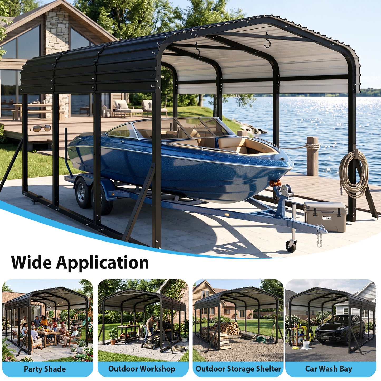 Cocosity 10x15 FT Outdoor Metal Hardtop Carport with All-Weather Galvanized Steel Roof, Multi‑Use Heavy Duty Car Shelter with Reinforced Ground Anchors for Cars, Boats, Tractor, Black