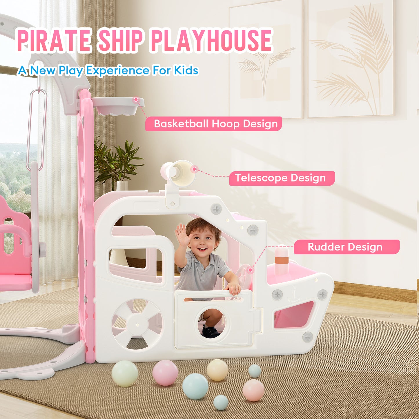 Vipuse 6 in 1 Kid Slide, Indoor and Outdoor Toddler Playground for Girls Age 1-3,Pink