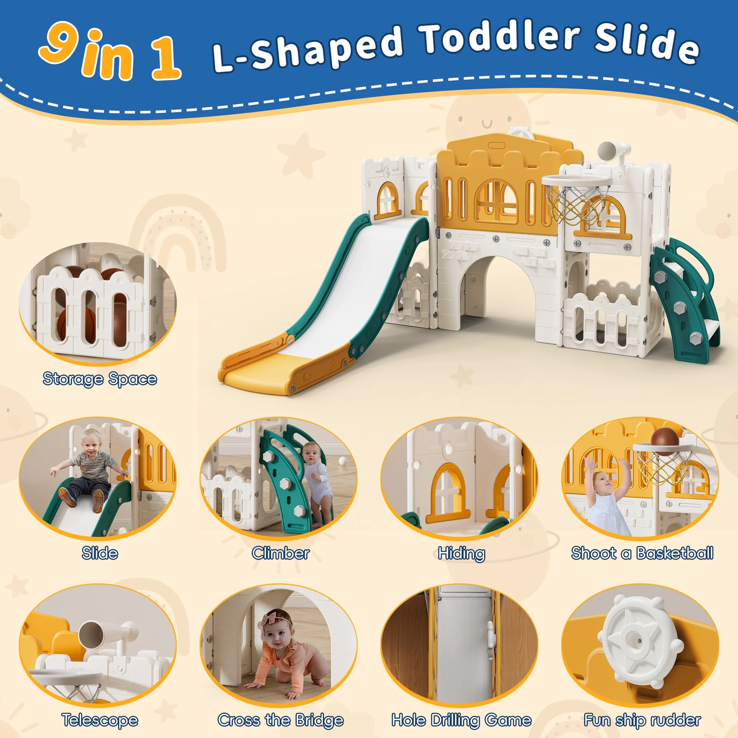 WFUN 9 in 1 Outdoor Freestanding Kids Slide Set for Toddlers Age 1+, Playground Set for Backyard, Yellow & Green