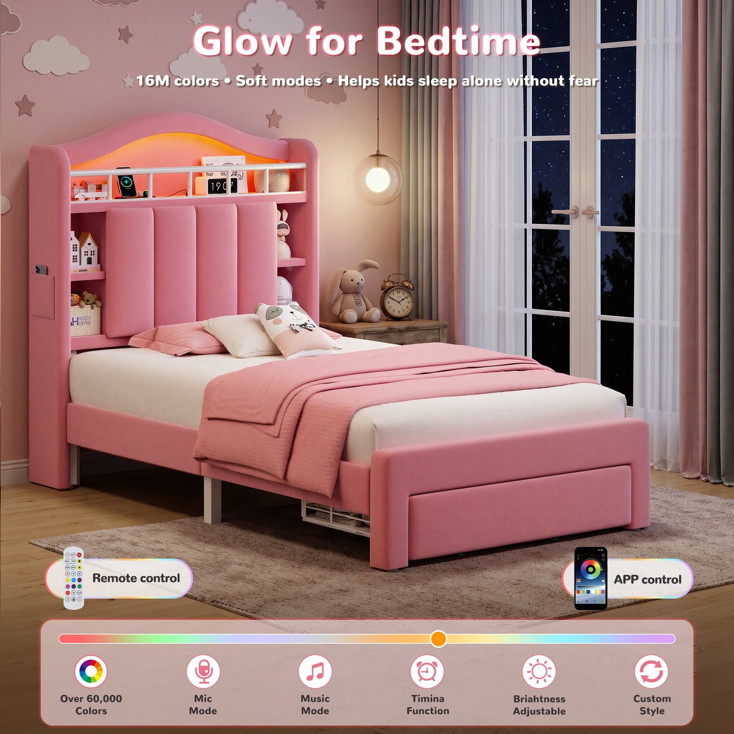 Hijob Pink Velvet Upholstered Platform Twin Size LED Bed Frame with Drawer Adjustable Lighted Headboard for Girls Kid's Bedroom