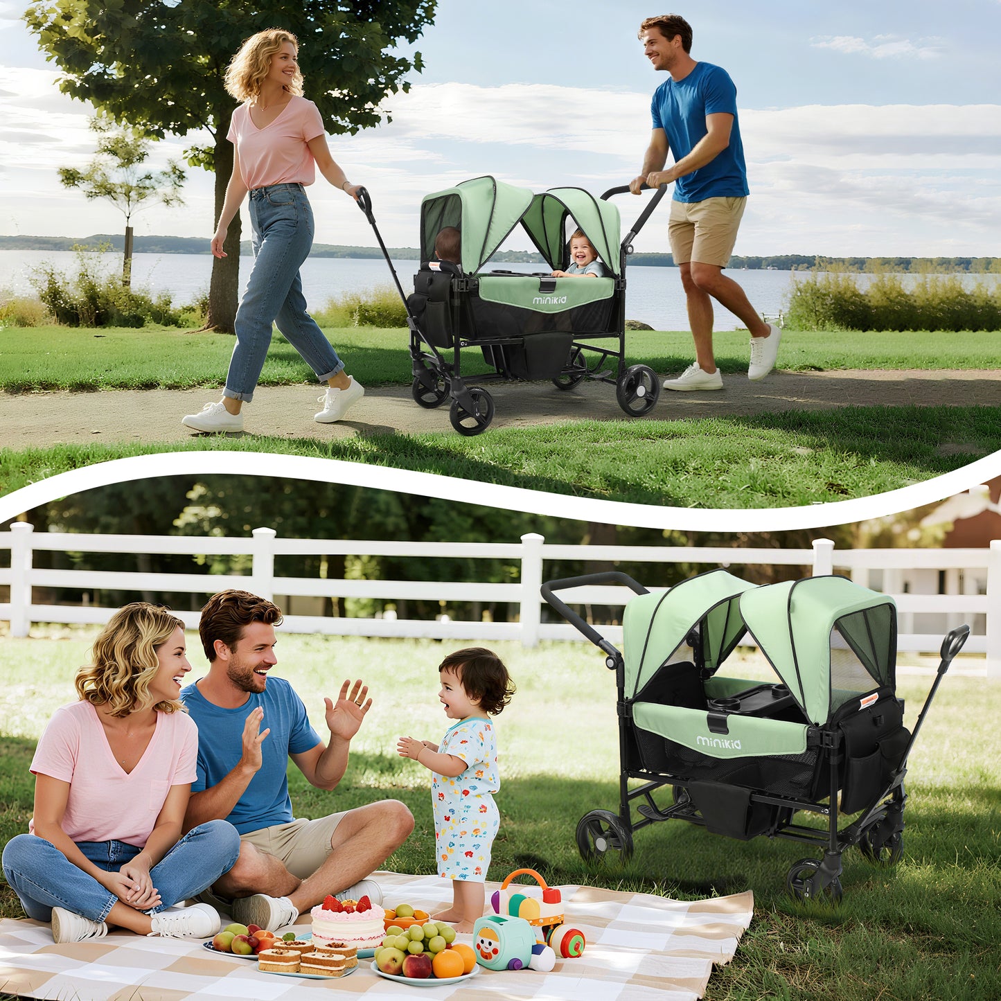 Minikid Baby Stroller Wagon With Canopy,Organizer,Adjustable Handle & Pull Bar for Infants and Toddlers,Green