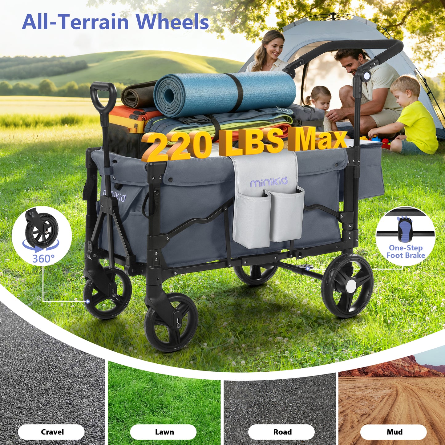 Minikid Stroller Wagon for 2 Kids, Baby Wagon Stroller with Adjustable Handle for Infants and Toddlers Includes Canopy & Organizer, Foldable and Convenient for Storage