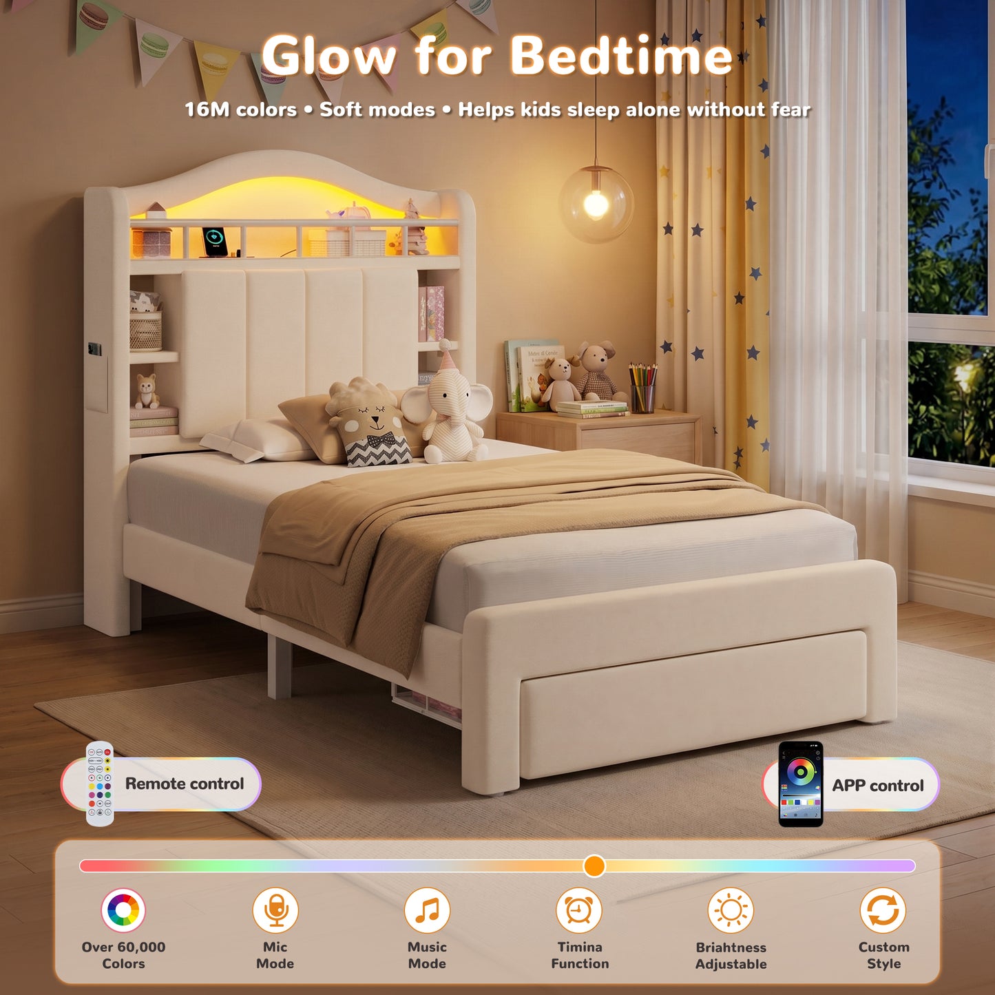 Hijob Beige Velvet Upholstered Platform Twin Size LED Bed Frame with Drawer Adjustable Lighted Headboard for Girls Kid's Bedroom