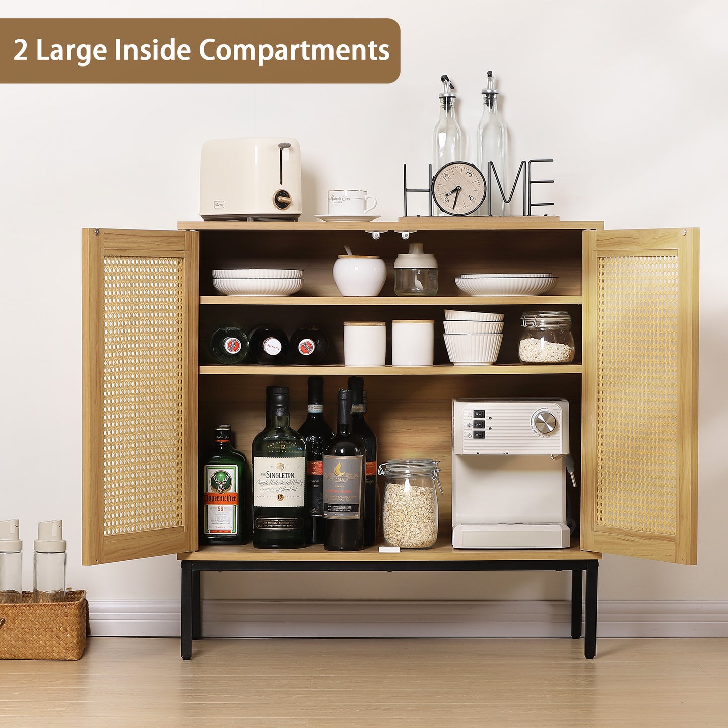 Nifamembo Sideboard Buffet Kitchen Storage Cabinet with Rattan Decorated Doors, Liquor/Accent Cabinet, Natural