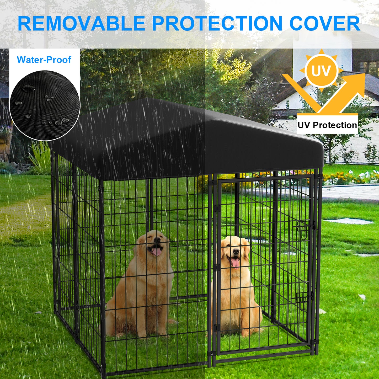 Vipuse 4FT x 4FT x 4.5FT Large Dog Kennel Playpen with UV-Resistant Waterproof Roof, Heavy Duty Metal Outdoor Pet Crate Fence for Cat Duck Chicken