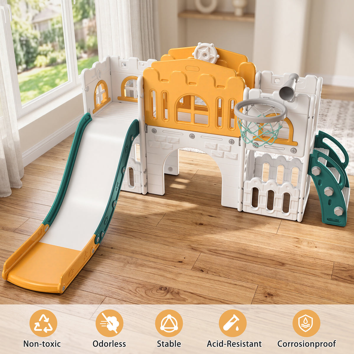 Vipuse 9 in 1 Toddler Slide Playset for Kids Indoor/Outdoor for Toddlers Age 1+, Yellow & Green