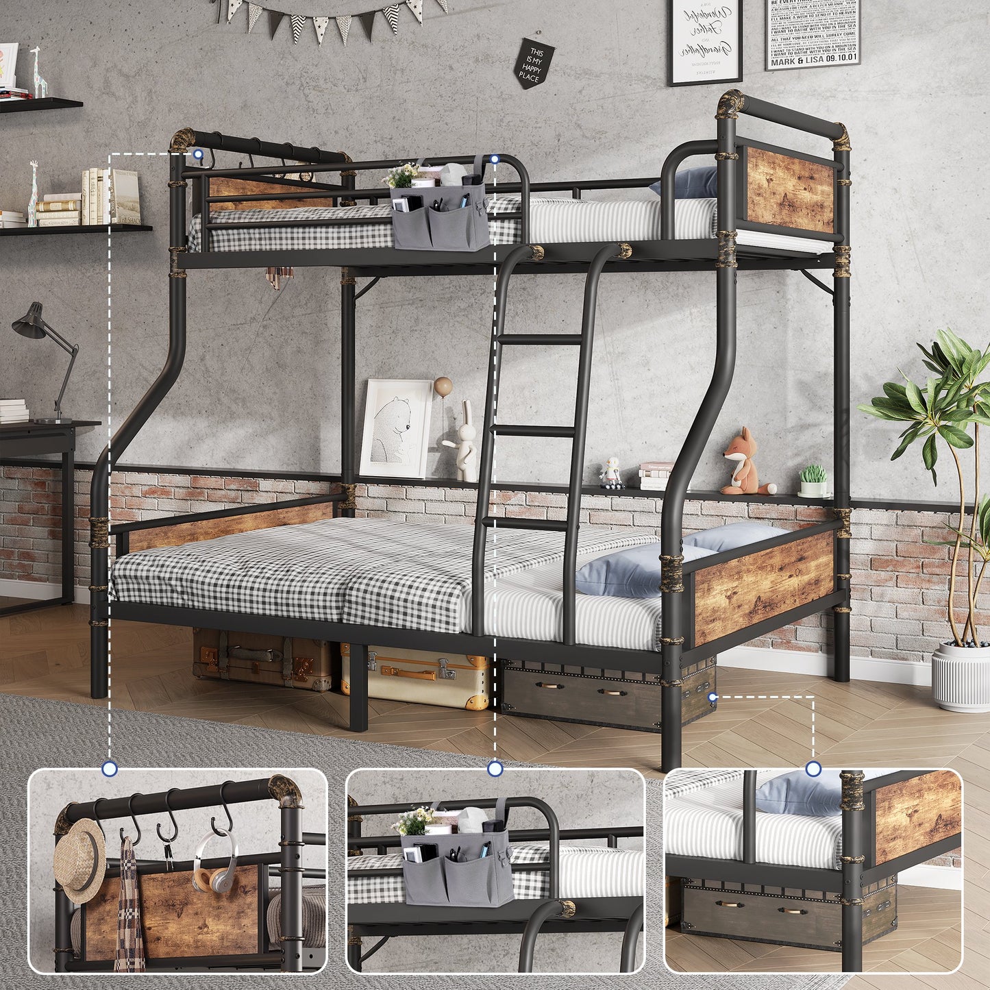 Hijob Twin over Full Bunk Bed, Antique Heavy Duty Metal Bed Frame with Storage Bag&Hooks for Adults Teens, Convertible into 2 Seperate Beds, Black&Brown