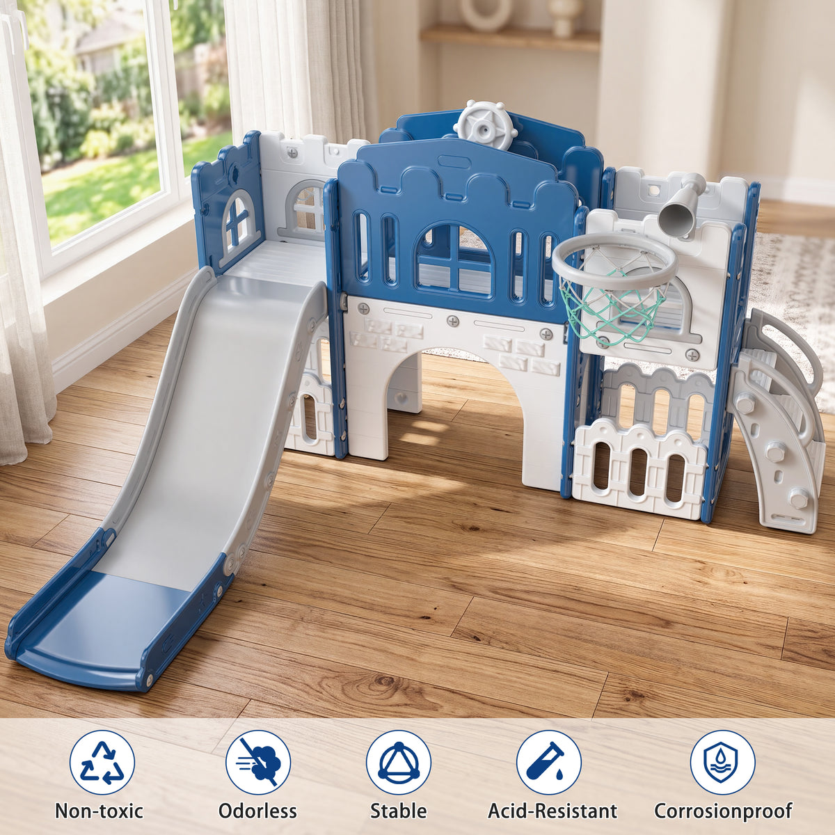 Vipuse 9 in 1 Toddler Slide Playset for Kids Indoor/Outdoor for Toddlers Age 1+, Blue & Gray