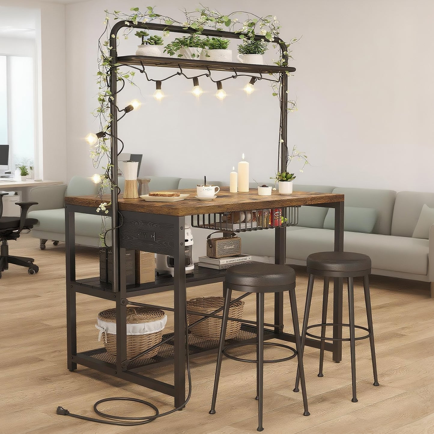 Anyact Kitchen Island with Power Outlet&5 Hooks, Bakers Rack with Storage,Industrial Coffee Bar Table for Kitchen Dining Living Room(Vintage Brown)