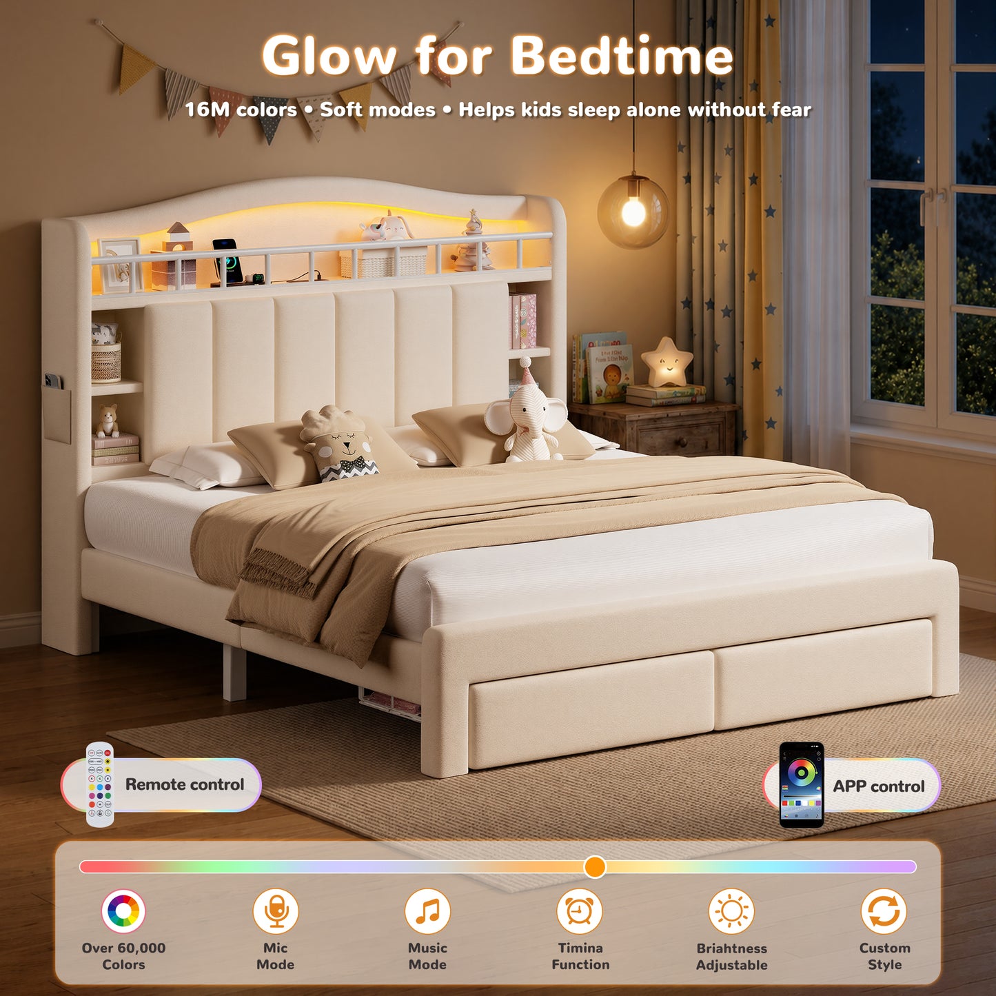 Hijob Beige Velvet Upholstered Platform Full Size LED Bed Frame with Drawer Adjustable Lighted Headboard for Girls Kid's Bedroom