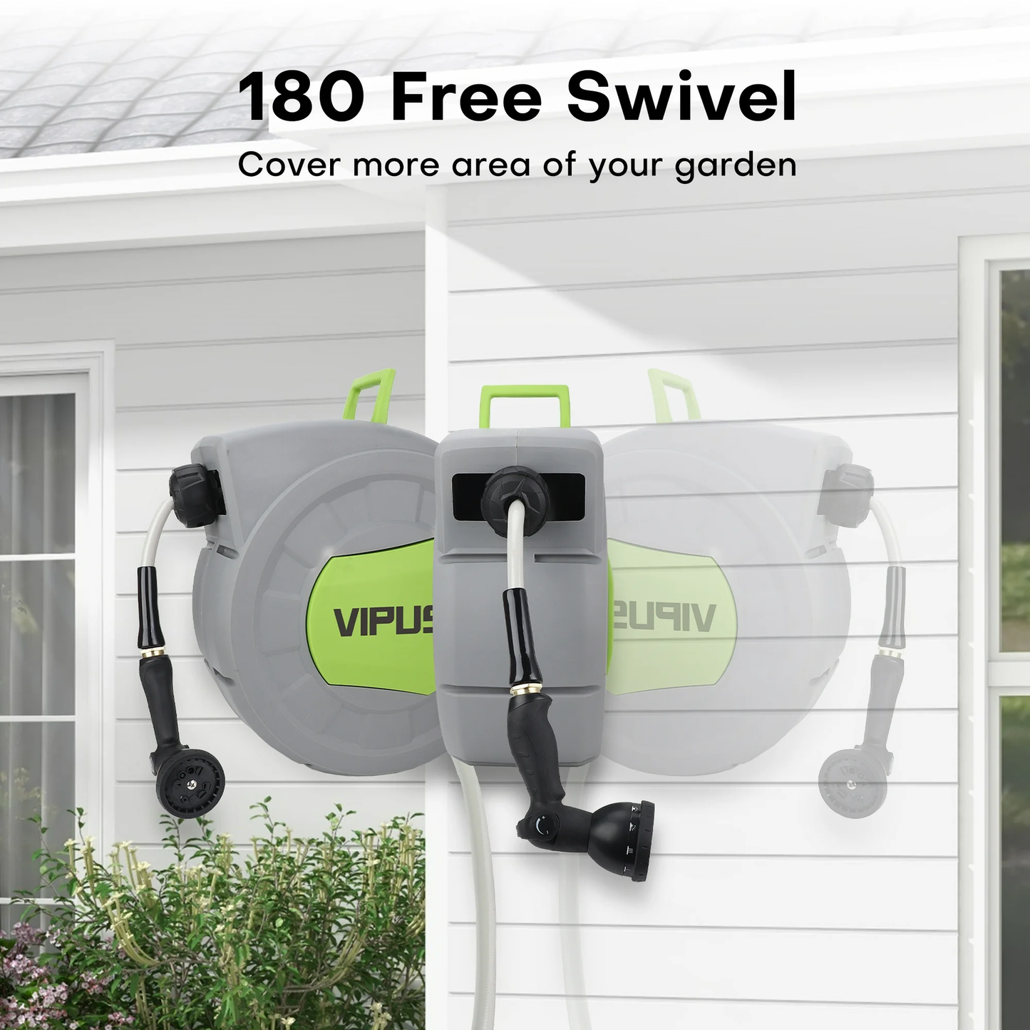Vipuse Retractable Garden Hose Reel, 1/2 Inch x 100 ft Wall Mounted Garden Hose Reel, with 10 Pattern Nozzle, Any Length Lock, Slow Return System, 180° Swivel Bracket