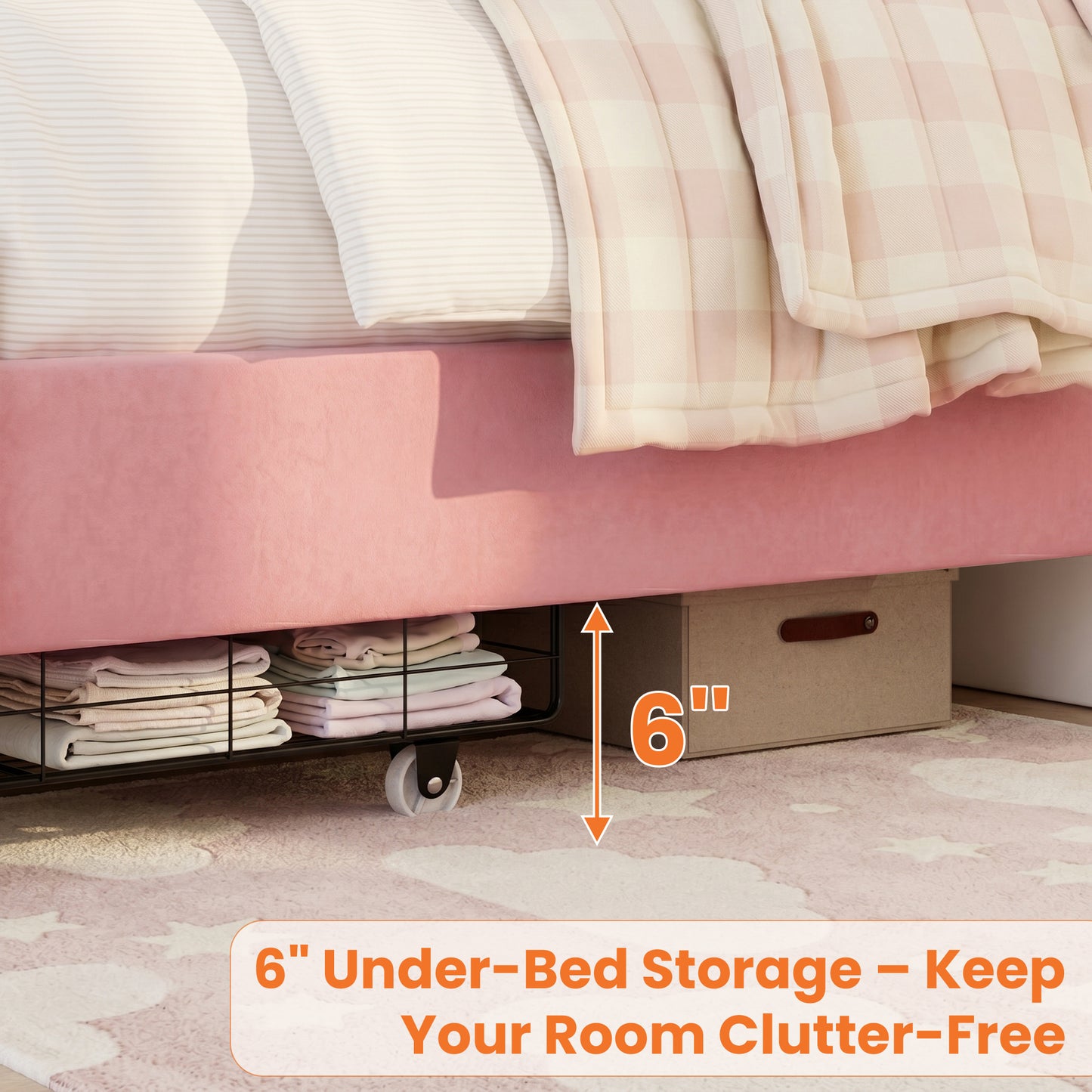 Hijob Full Size LED Bed Frame with Storage Drawers, Velvet Upholstered Platform Bed with Adjustable Headboard, No Box Spring Needed, Pink