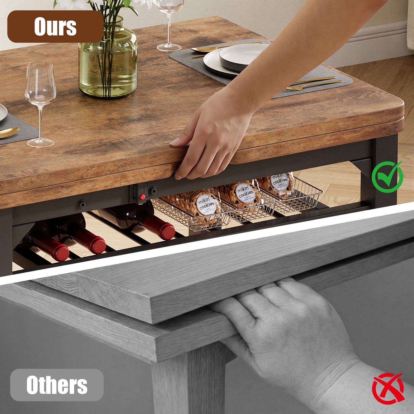 Anyact 47in Extendable Dining Table, Dining Table for 2-6, Kitchen Dining Room Table with Storage Shelf, Space Saving Expandable Wood Square Dinner Furniture(Only Table)