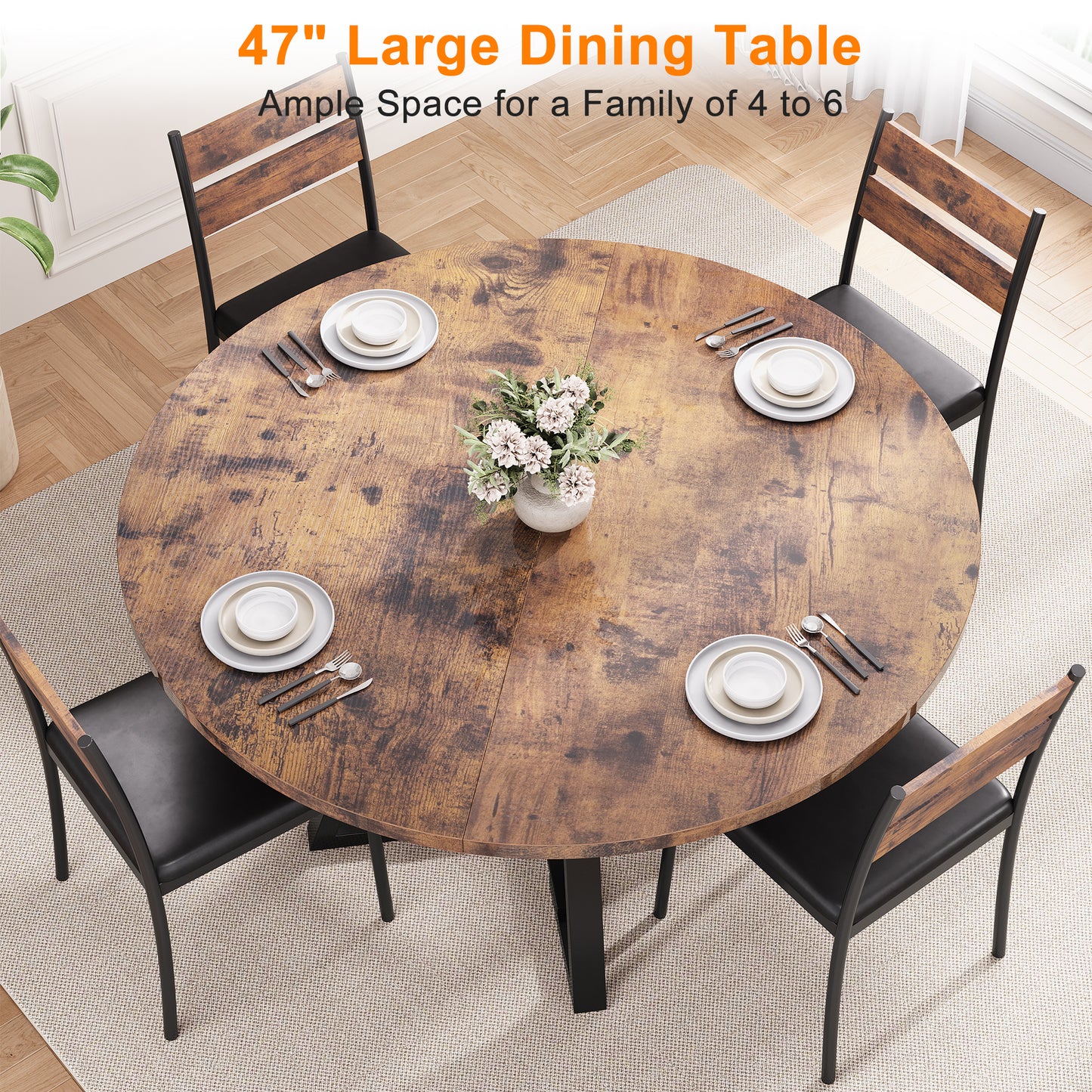Anyact 47 inch Wood Dining Table for 4, Round Kitchen Dining Table with Storage Shelf for Home Dining Room Living Room, Brown(Only Table)