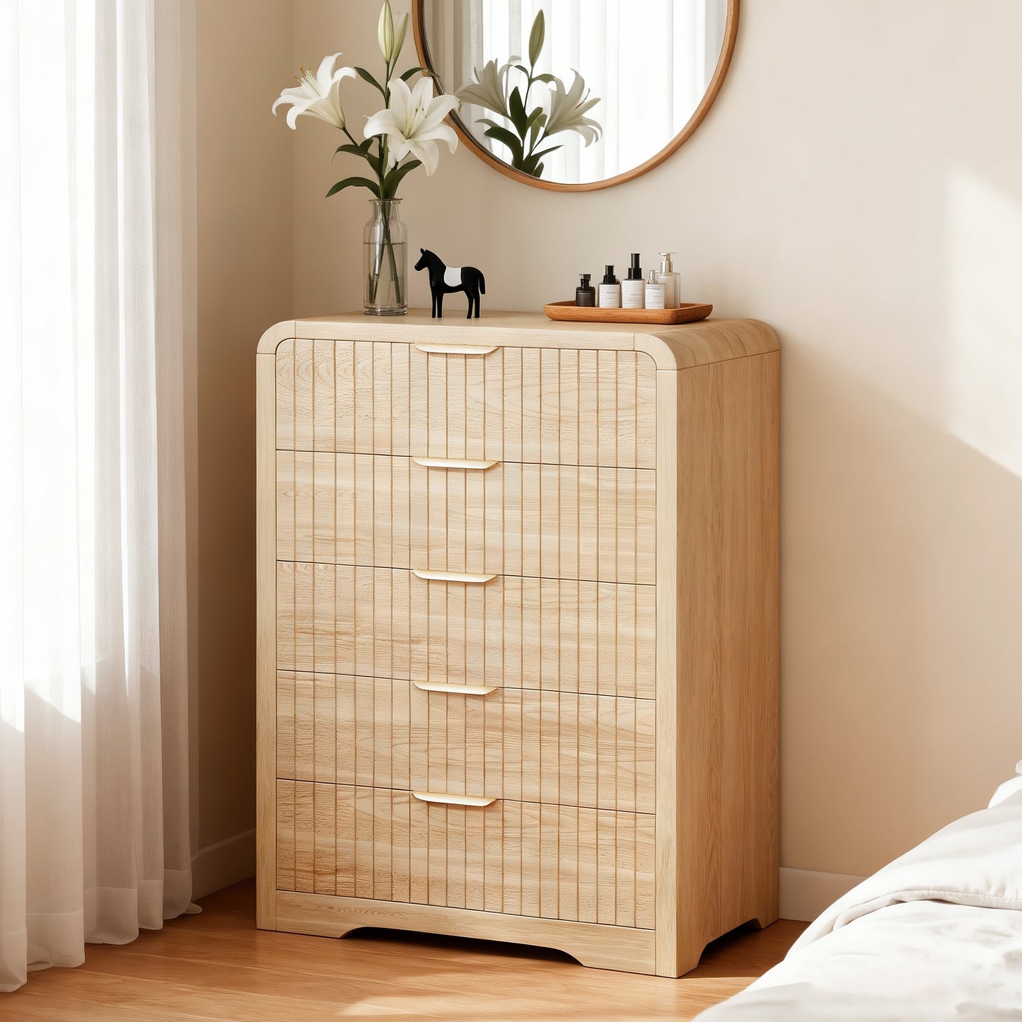 Hijob Fluted 5 Drawers Dresser for Bedroom, 42" Tall Dressers with Metal Handle w/Curved Profile Design, Wood Mid Century Vertical Dresser w/Natural Texture for Bedroom, Living Room, Natural Oak