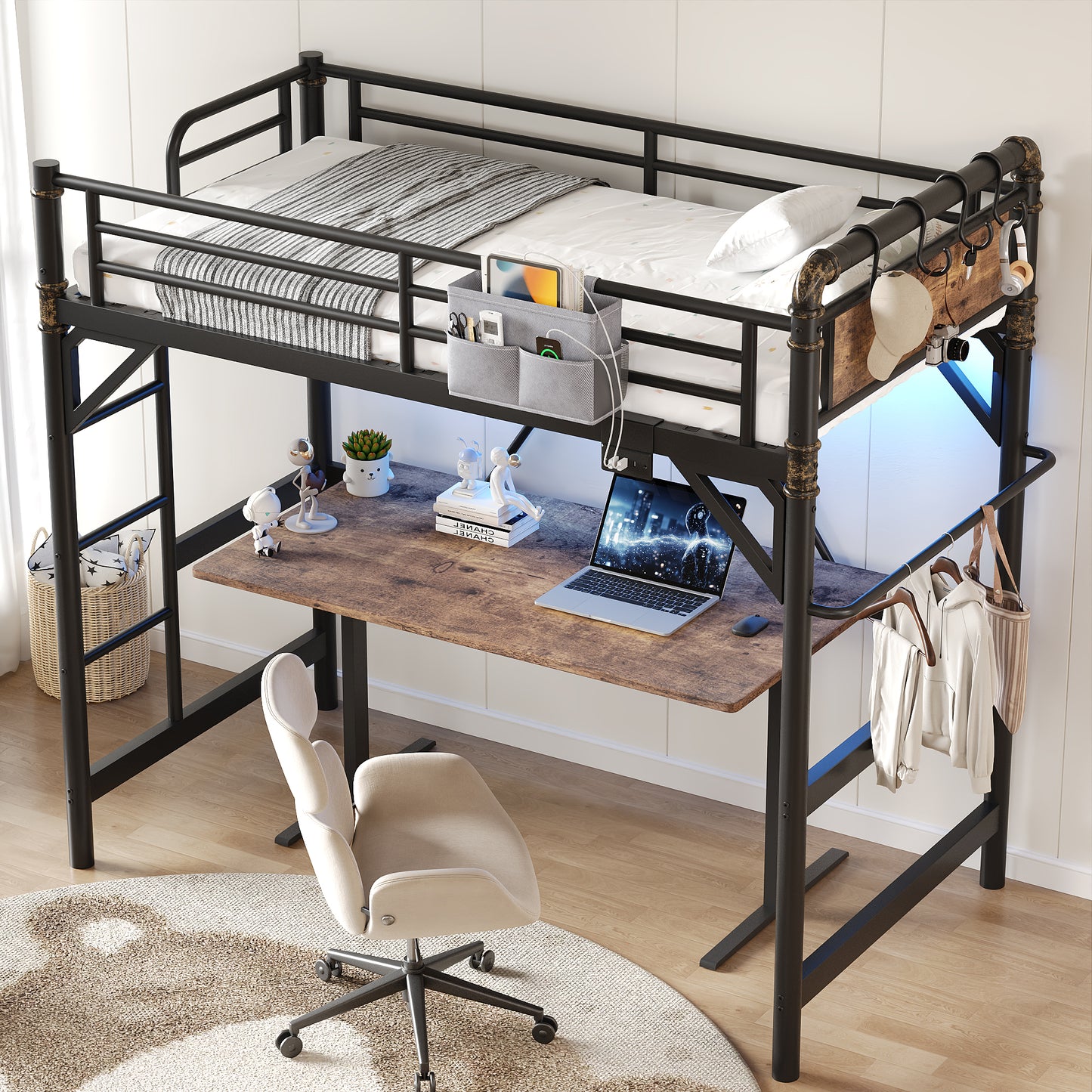 Hijob Twin Size Loft Bed with Removable Charging Station, LED Lights, Industrial Heavy Duty Metal Twin Loft Bed with Multi-functional Fabric Storage and Safety Guard Rails for Space, Black