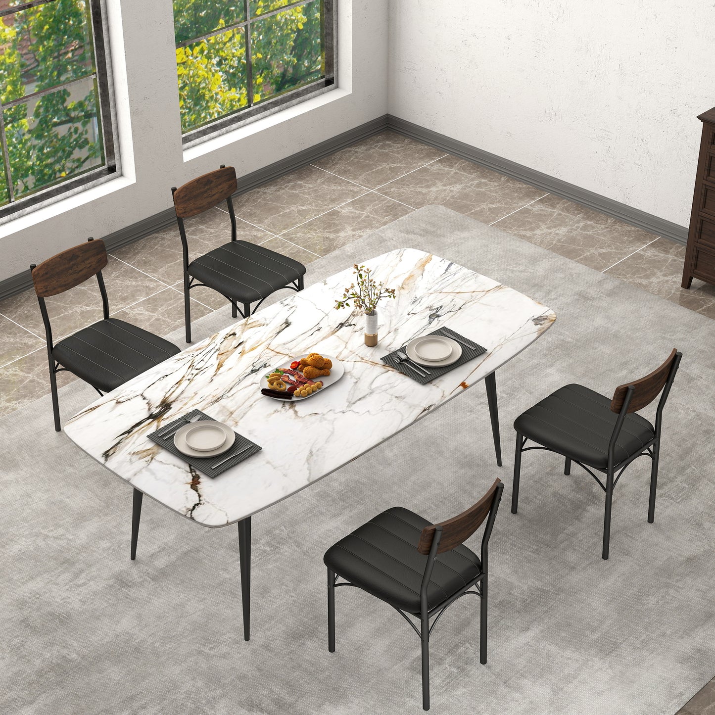 Hijob Dining Chair Set of 4, PU Leather Dining Room Chairs, Rustic Kitchen Armless Side Chair with Iron Legs, Black&Brown