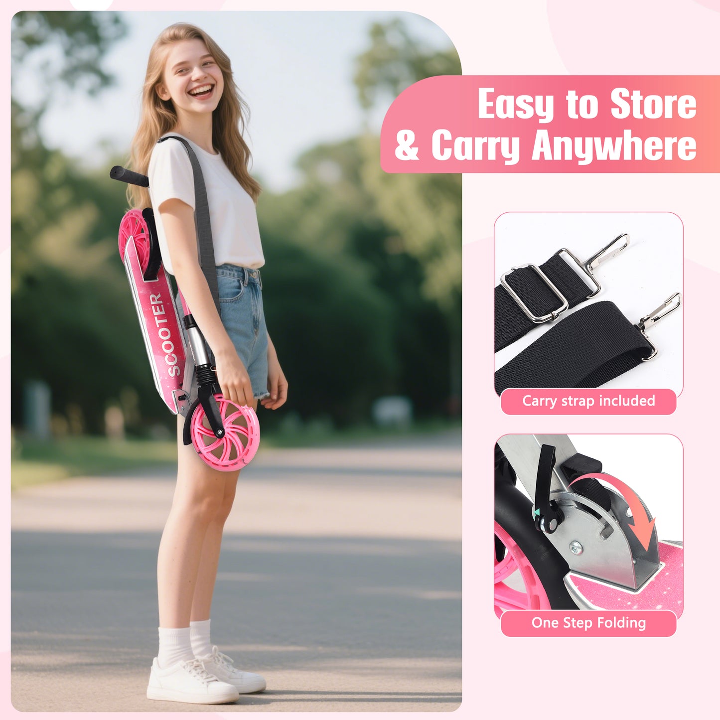 Skyhot Kick Scooter for Ages 6+, Sturdy Wide Deck Rear Brake Scooter for Teens, Pink