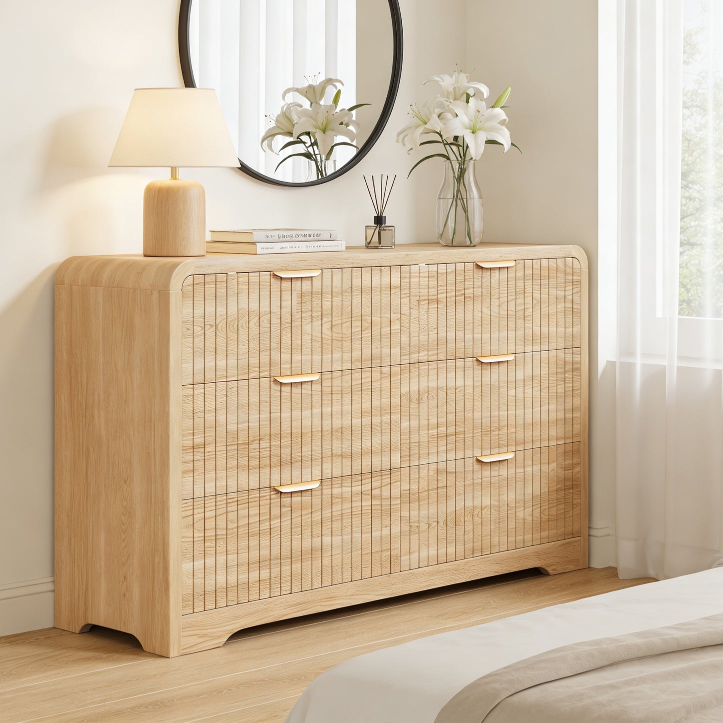 Hijob Modern 6 Drawers Dresser for Bedroom, 47.3" Long Dressers with Metal Handle w/Curved Profile Design, Wood Mid Century Vertical Dresser w/Natural Texture for Bedroom, Living Room, Natural Oak