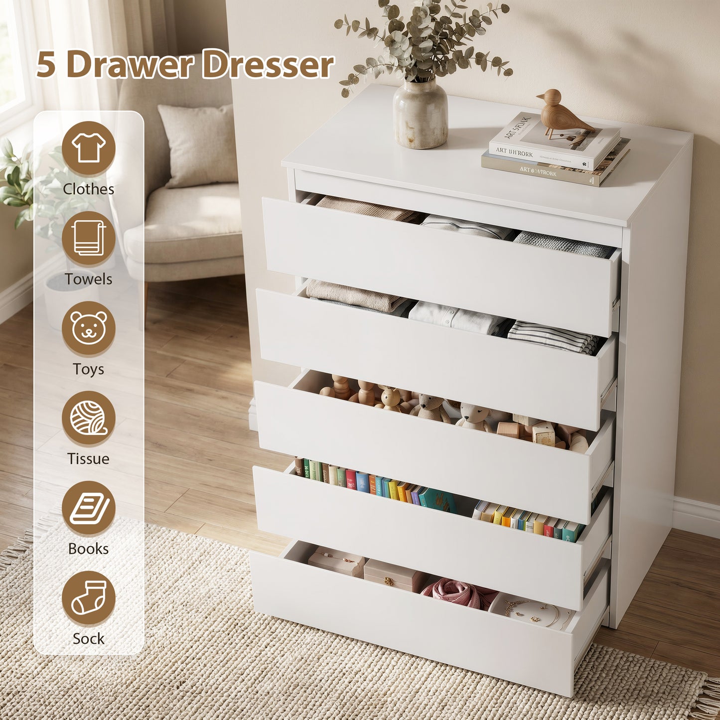 Hijob 5 Drawer Dresser, Modern Storage Cabinet for Bedroom, 40" Tall Chest Mid Century Vertical Dresser w/Natural Texture of Drawers for Living Room, Bed room, White