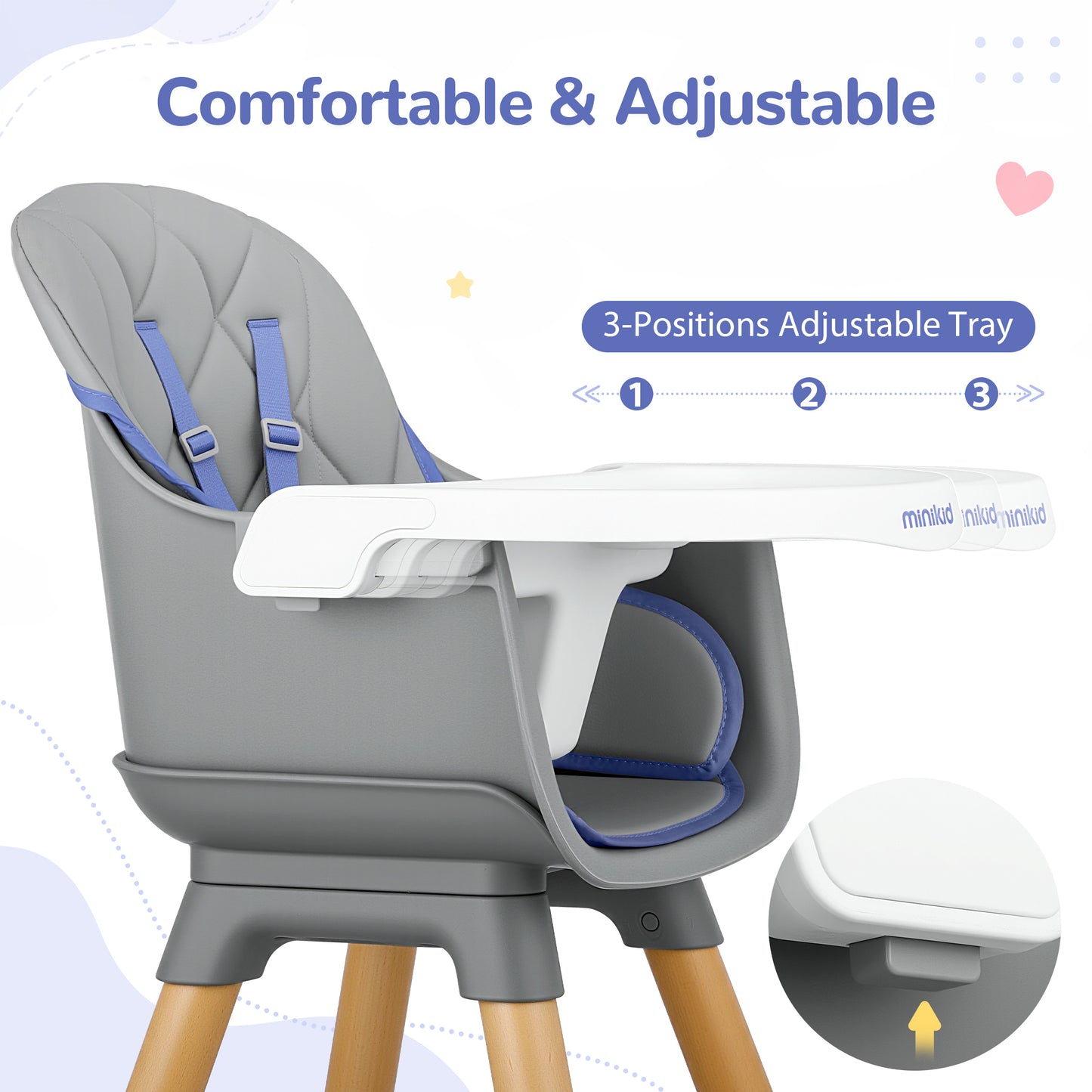 Minikid Wooden Baby High Chair with Removable Tray, 8 in 1 Convertible Feeding Highchair for Toddlers,Gray